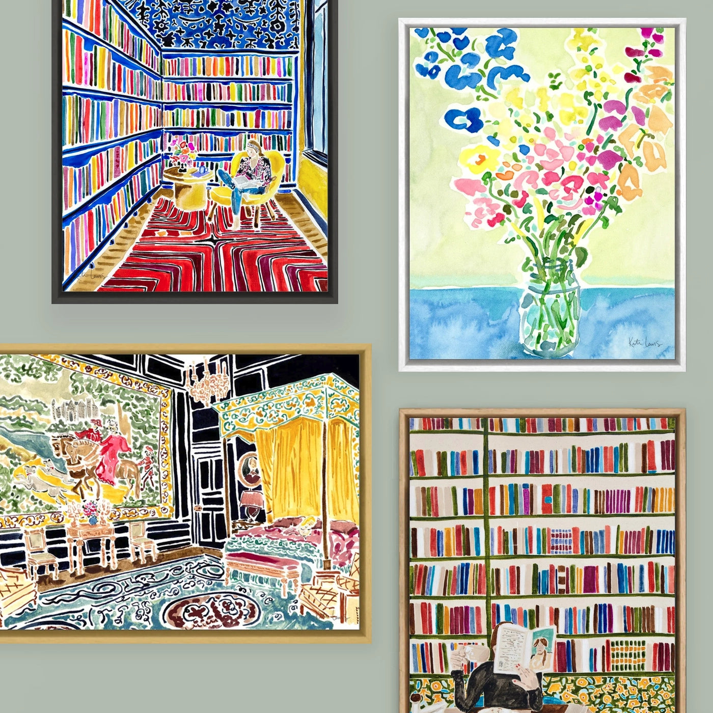 A collage of four colorful framed art prints displayed on a light gray background. The prints feature whimsical illustrations, including a library scene with two people, a vase of flowers in a glass jar, a detailed traditional room interior, and a bookshelf scene with a person reading.