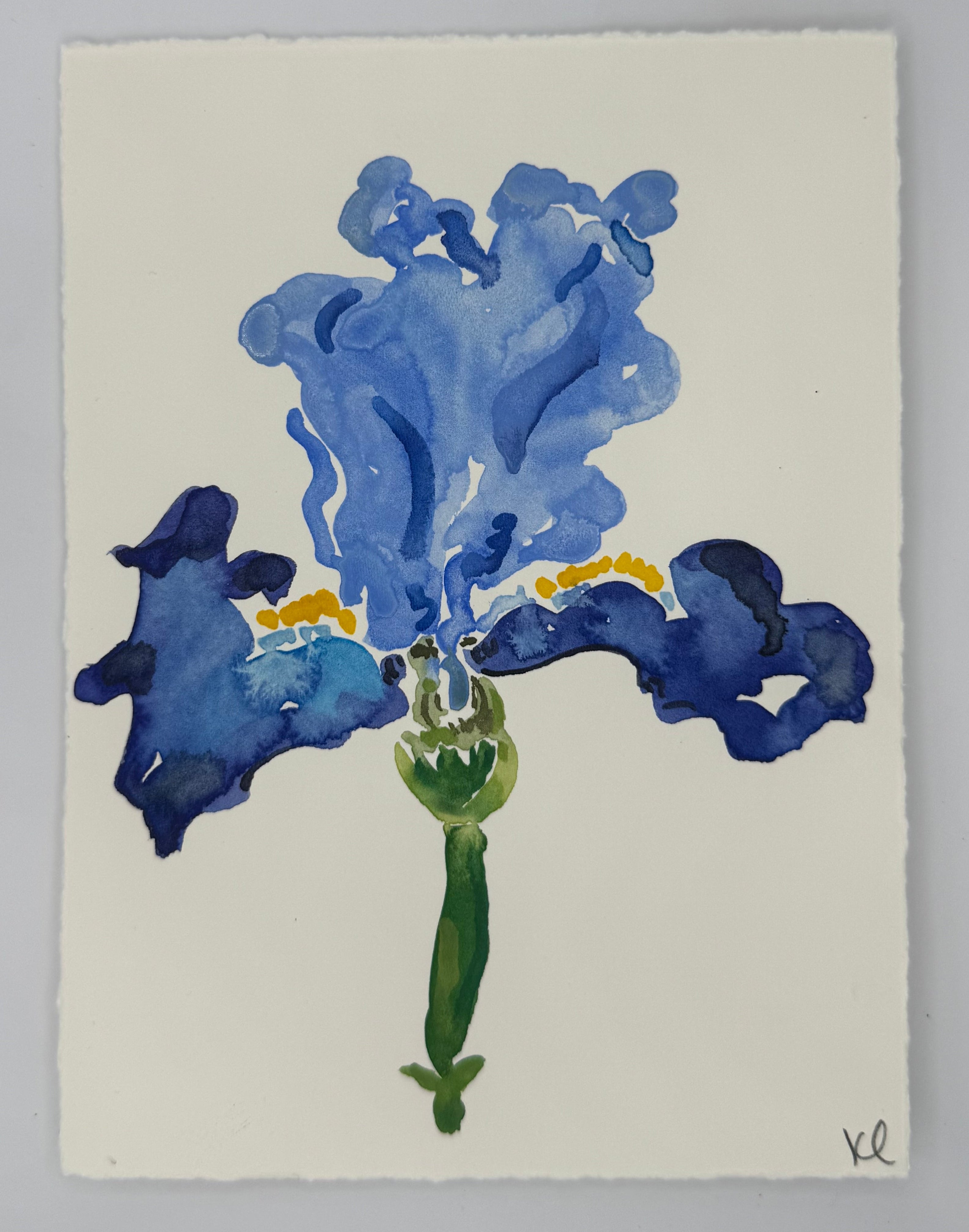 Watercolor painting of a blue flower on a white background