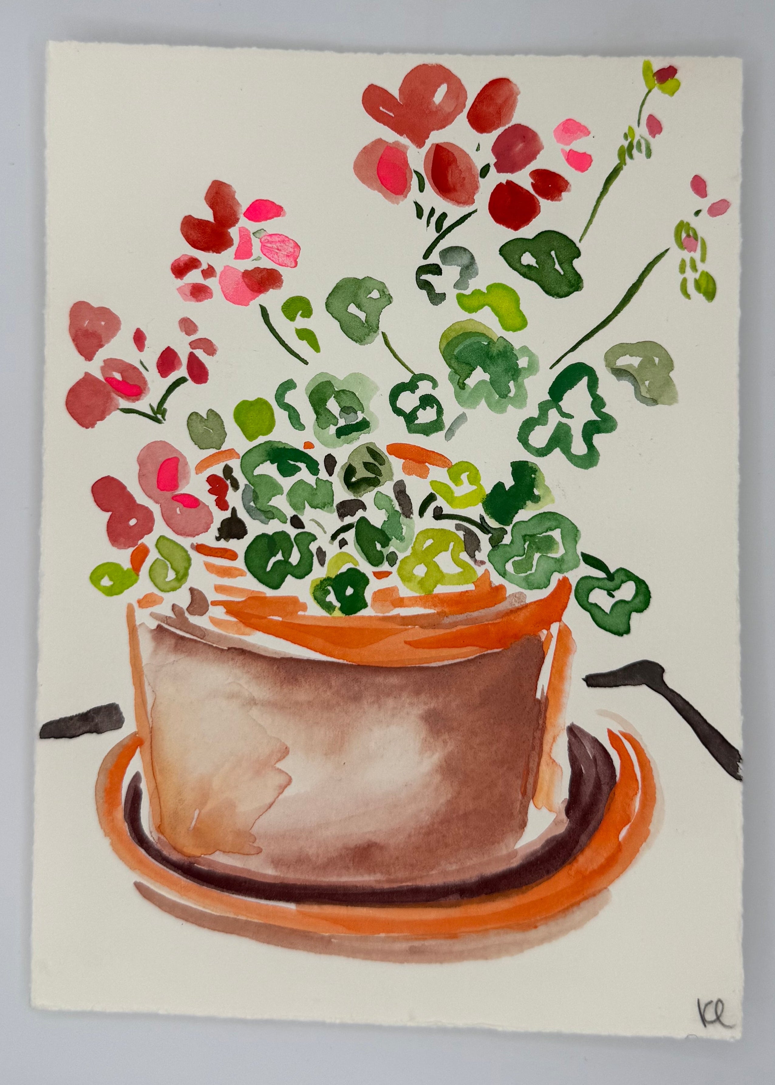 Artistic depiction of a pot and flowers on a textured surface