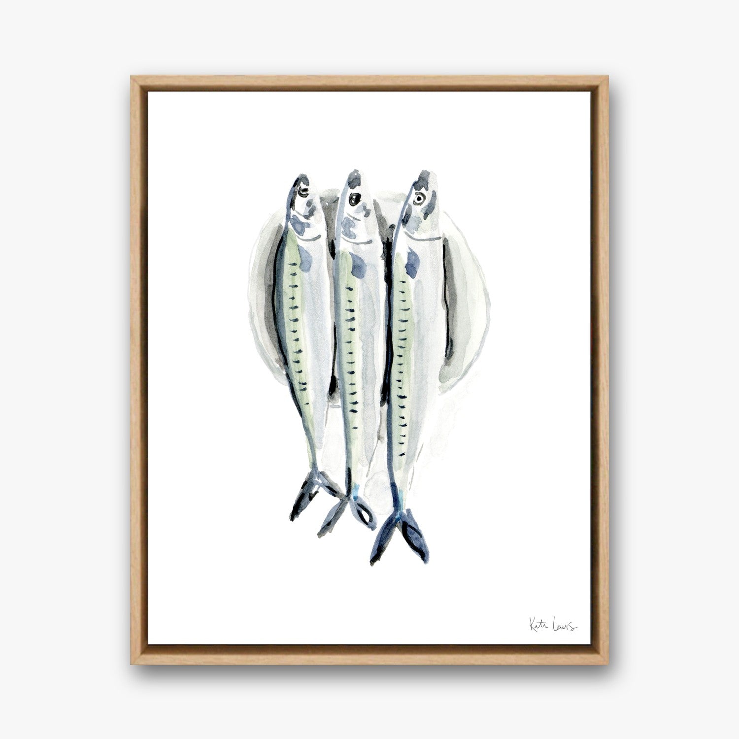 Anchovies by Kate Lewis in a natural oak frame