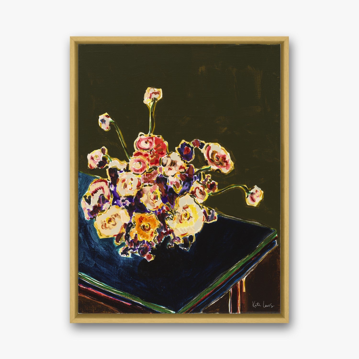Bouquet of Flowers, Dark Background by Kate Lewis in a gold frame