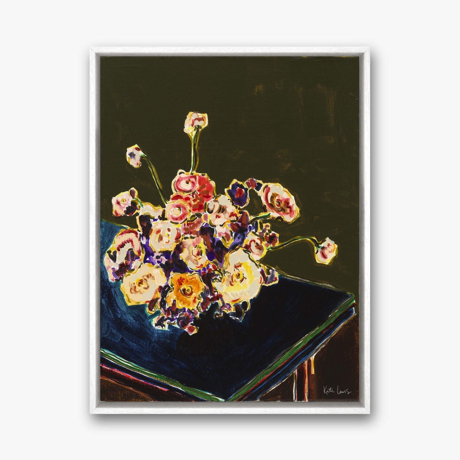 Bouquet of Flowers, Dark Background by Kate Lewis in a white frame