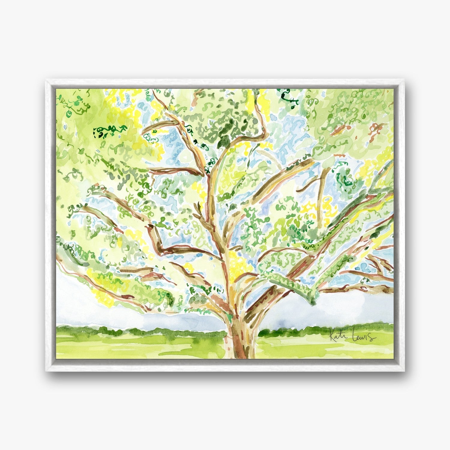 Clementine Hunter's Oak Tree in a White float frame