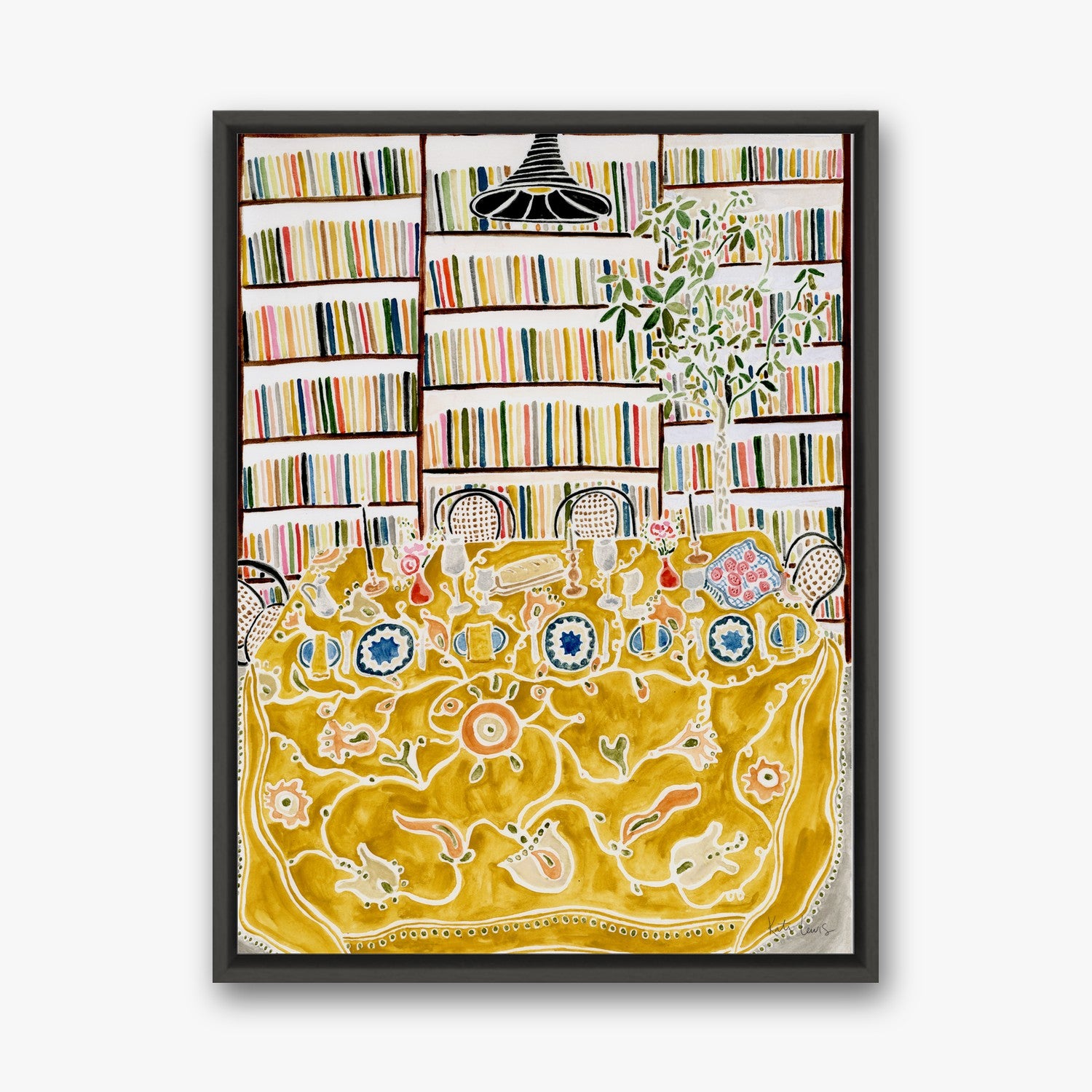 Dinner Party with Books in a black gallery float frame