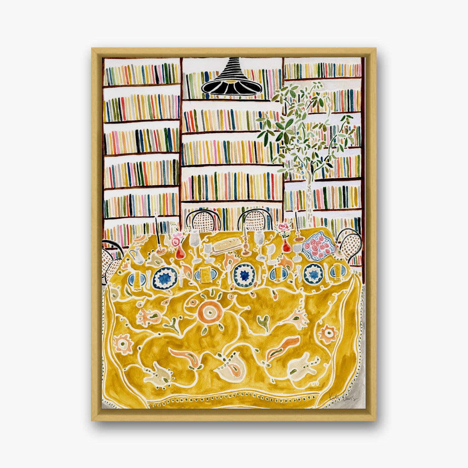 Dinner Party with Books in a gold gallery float frame