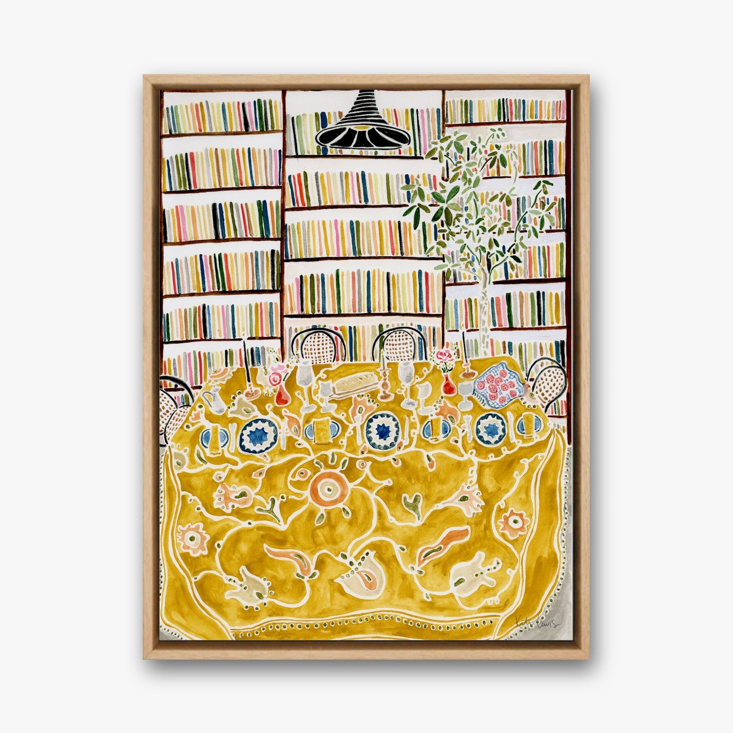 Dinner Party with Books in a natural oak gallery float frame
