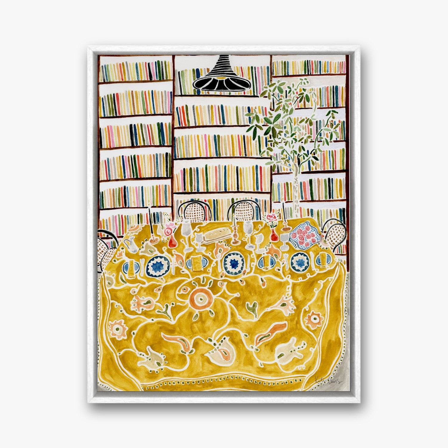 Dinner Party with Books in a white gallery float frame