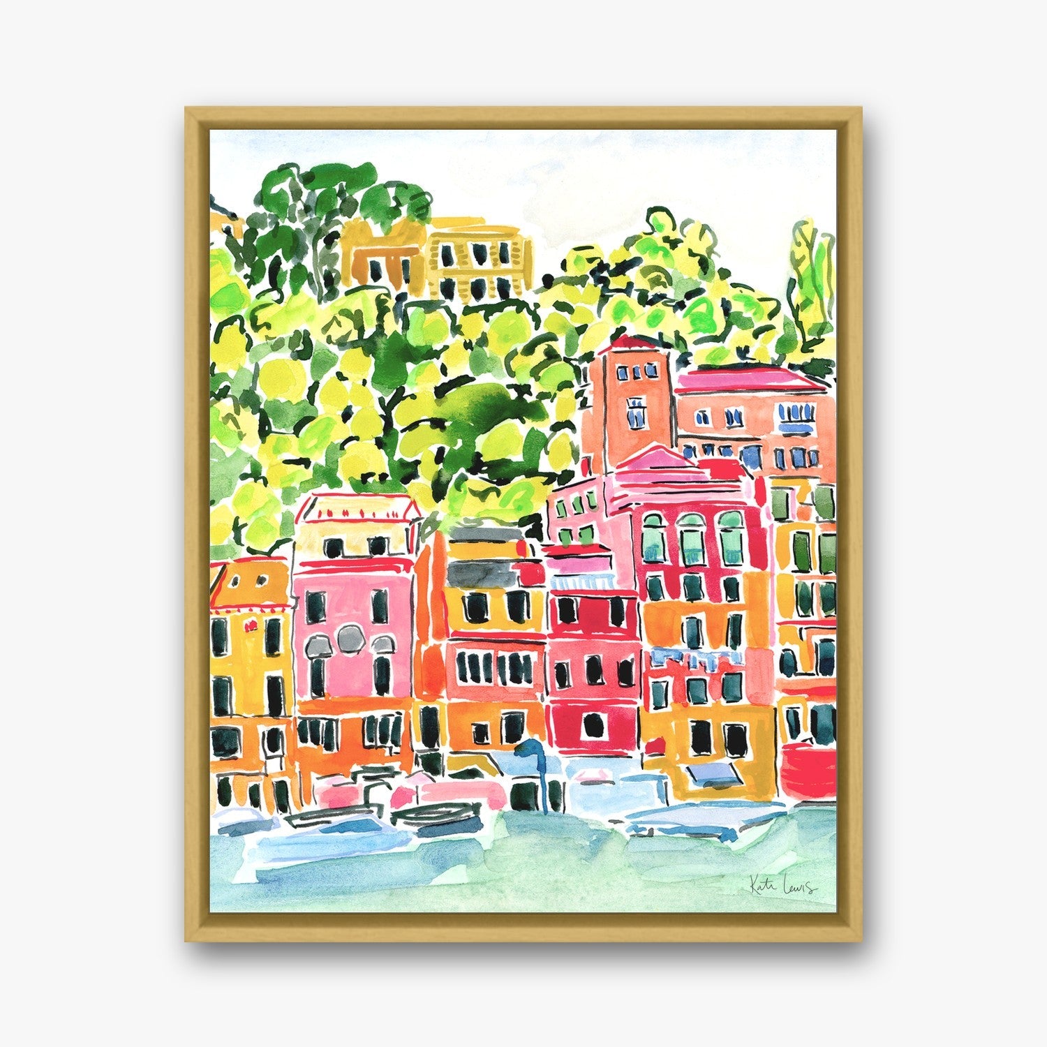 Harbor Boats in a Gold float frame