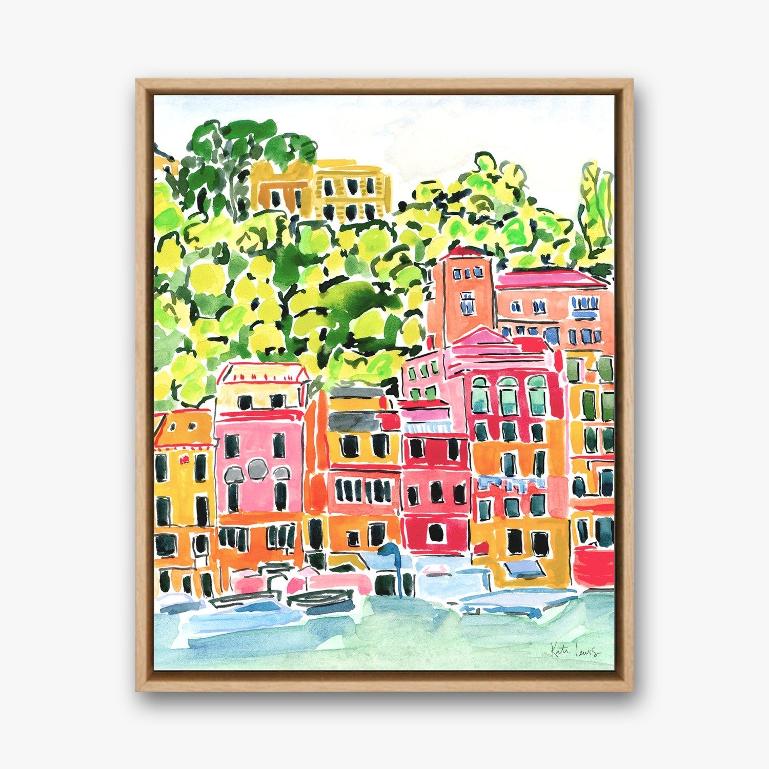Harbor Boats in a Natural Oak float frame