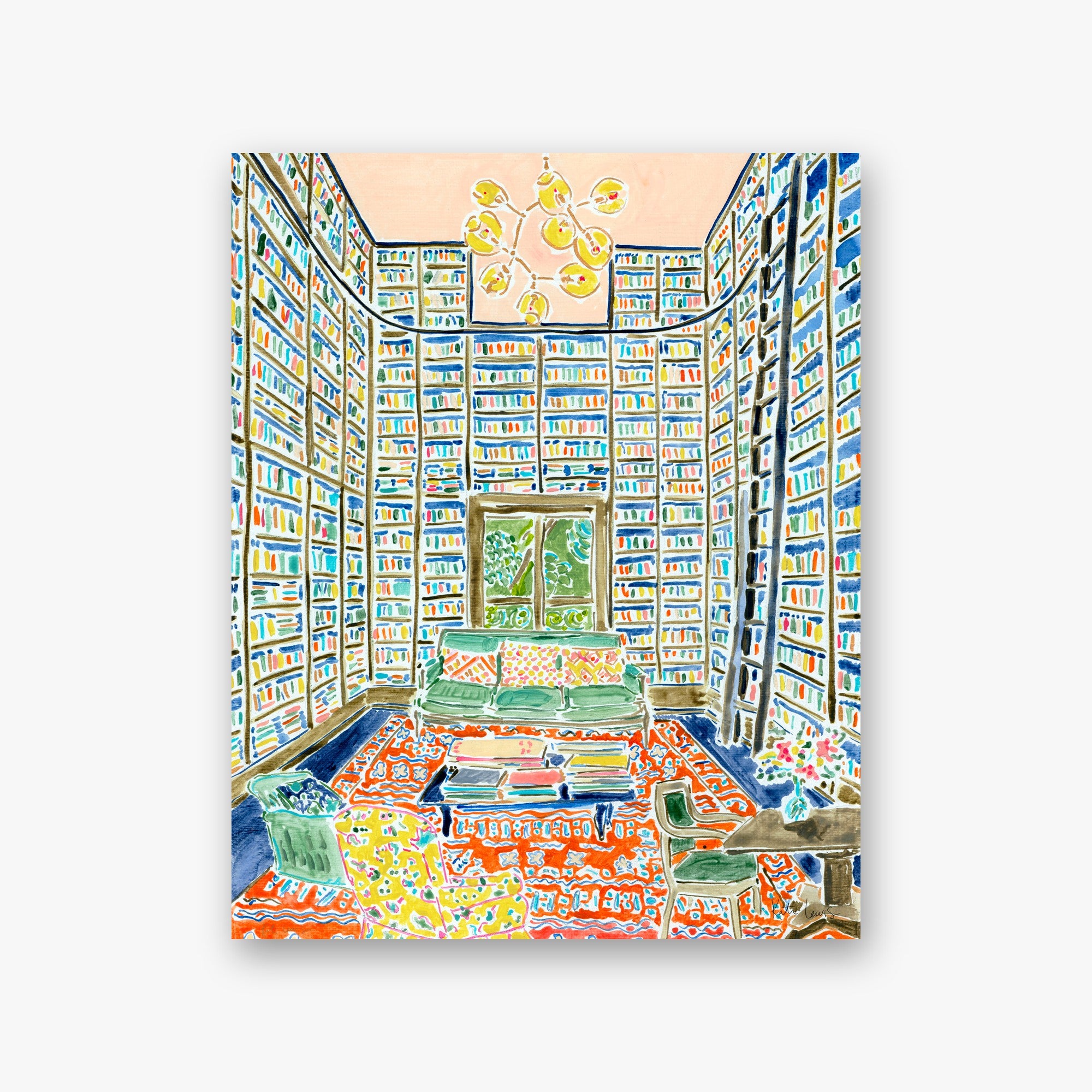 A Library of One's Own by Kate Lewis — Whimsical painting of a soaring double-height library with rainbow-spined shelves, green sofa and vivid patterned rug.