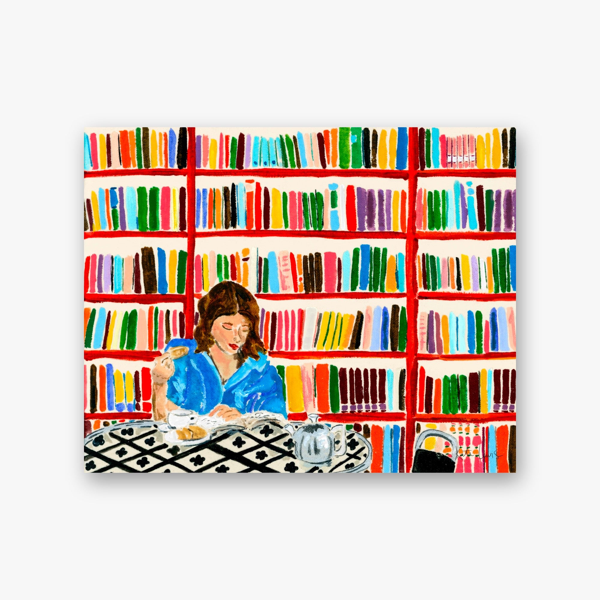 A Literary Afternoon by Kate Lewis — Woman in blue robe reading at a cafe table before towering rainbow-spined bookshelves, bold acrylic.