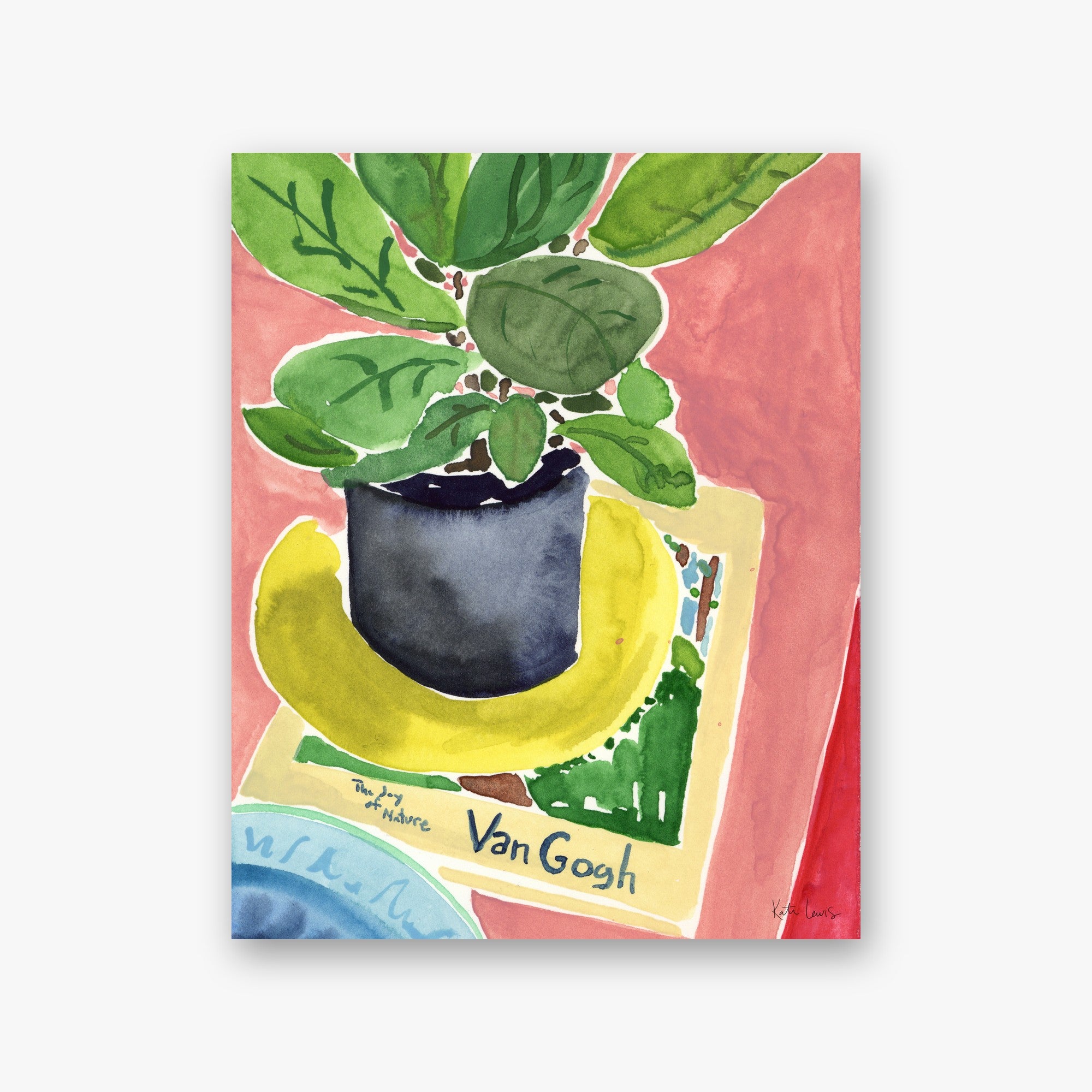 A Little Green by Kate Lewis — Bright watercolor of a leafy potted plant beside a yellow banana on a Van Gogh book.