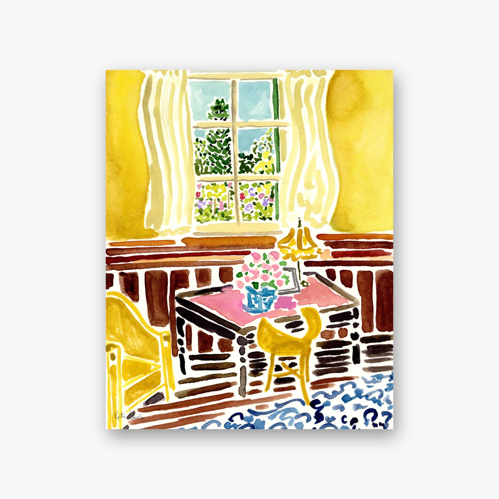 A Morning at Giverny by Kate Lewis — Round-leafed Chinese money plant in a terracotta pot on pink cloth against yellow, in watercolor.
