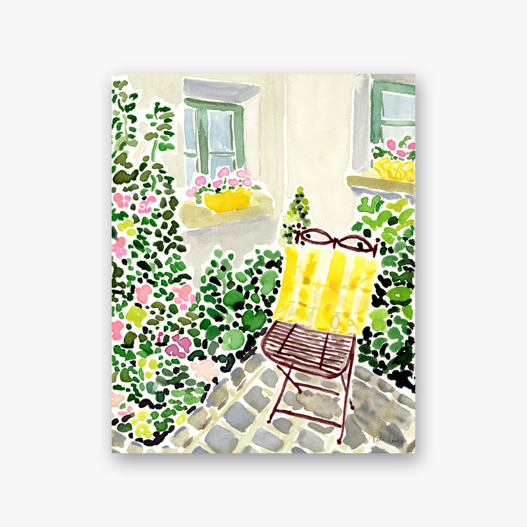 A Quiet Courtyard in Paris by Kate Lewis — Sunlit cobblestone courtyard with yellow folding chair, ivy, pink flowers and shuttered windows, fresh watercolor.