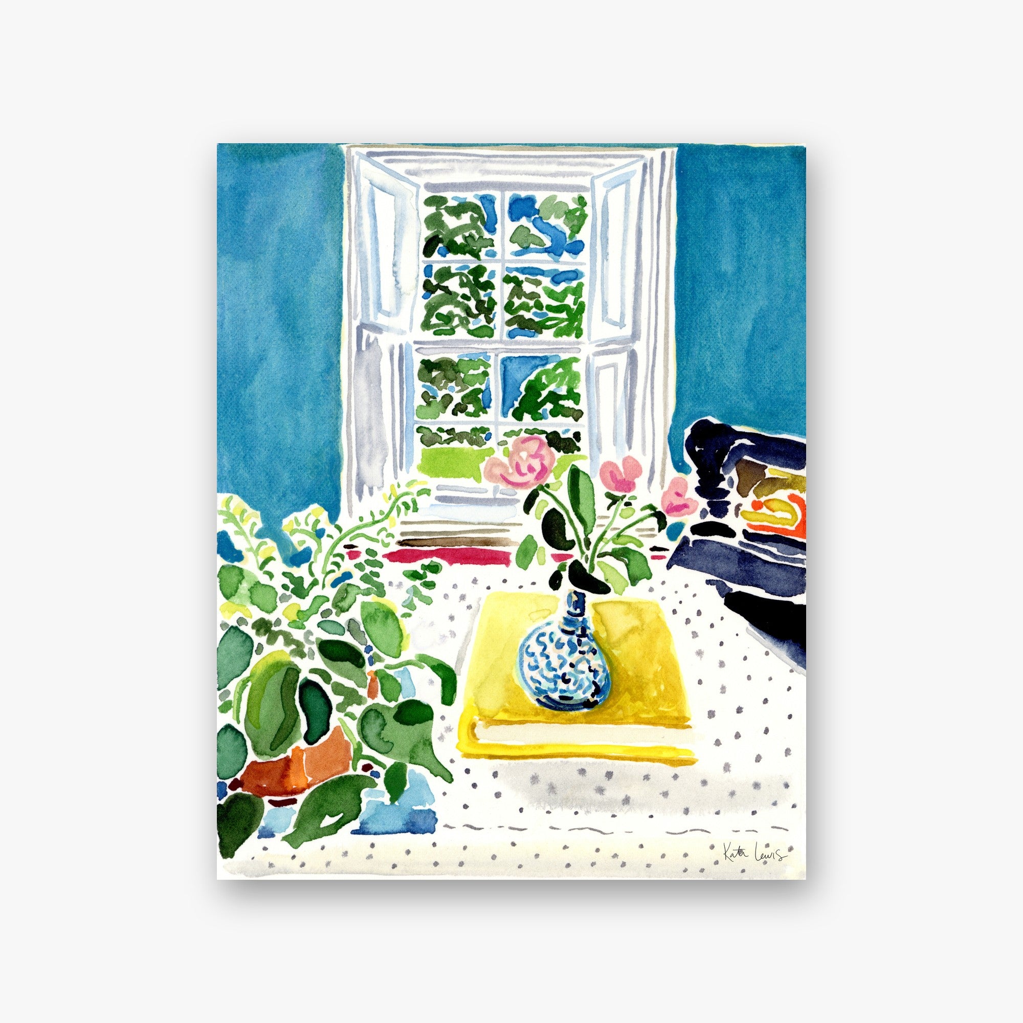 A Room with a Garden View by Kate Lewis — Sunlit interior with open window, potted plant and blue-white vase on polka-dot cloth; loose watercolor.