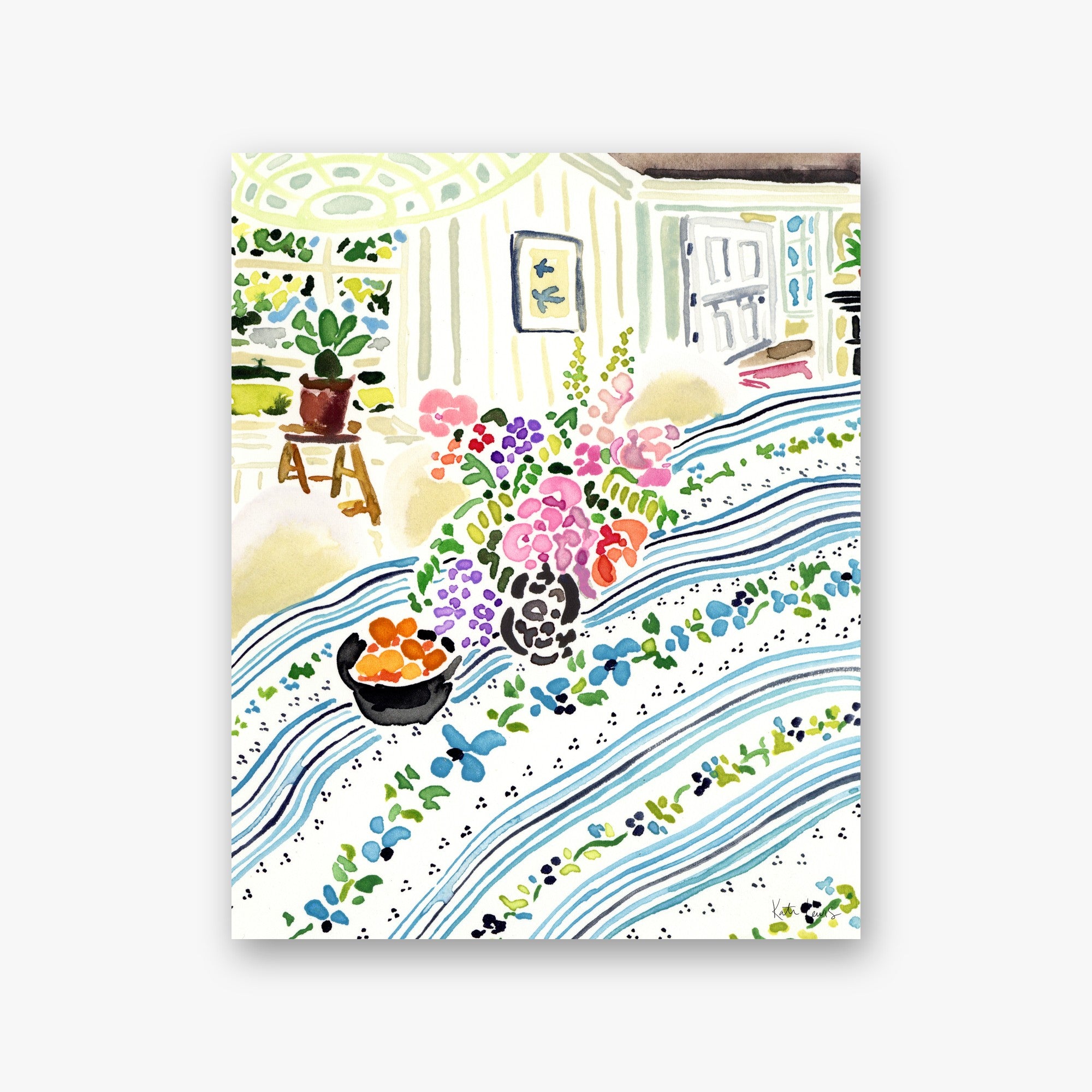 A Slow Morning by Kate Lewis — Watercolor of a sunroom with a potted plant, flower bouquet, fruit bowl and rippling blue-line floor.