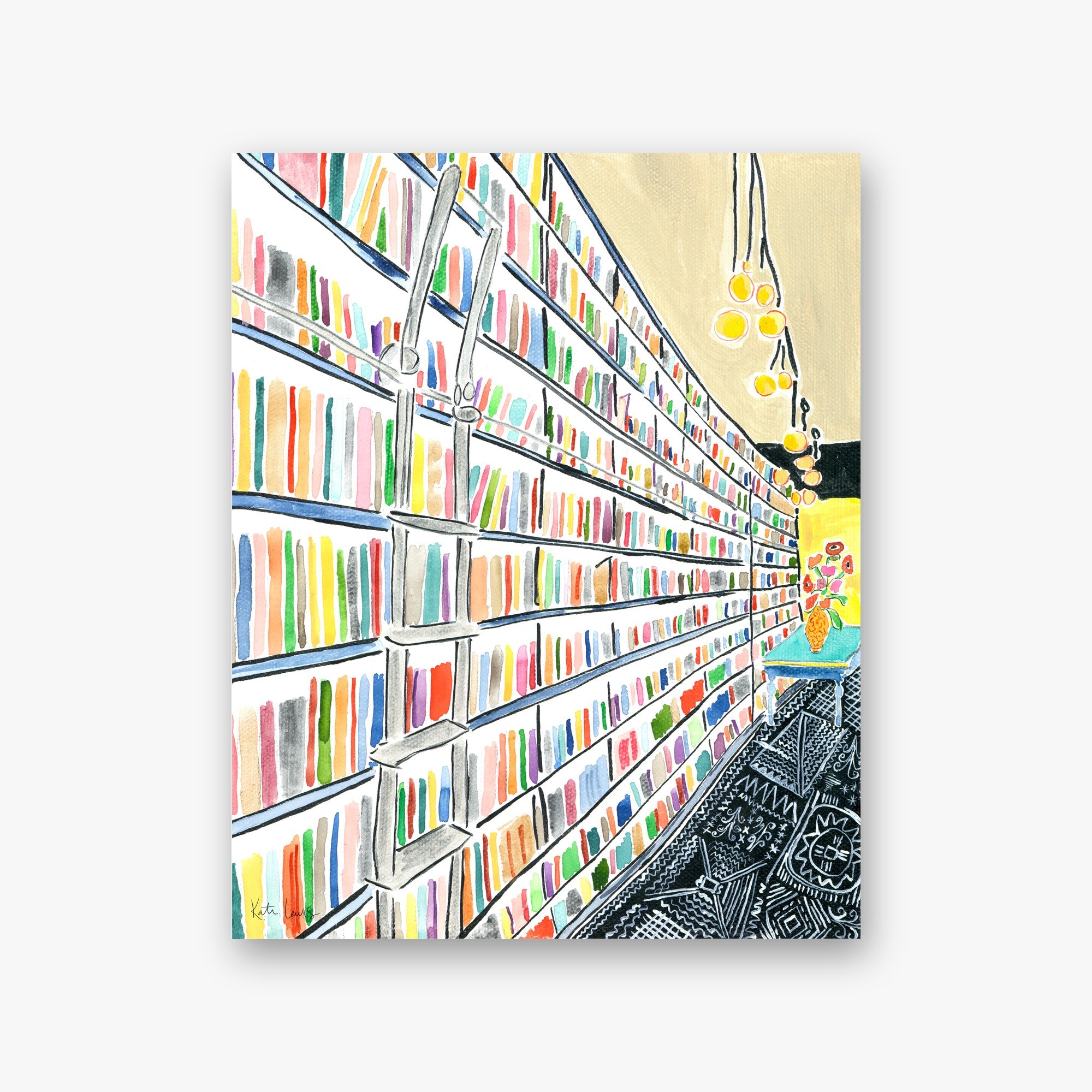 All the Art Books I Ever Wanted by Kate Lewis — Towering library shelves of rainbow book spines recede past a rolling ladder; watercolor with patterned black rug.