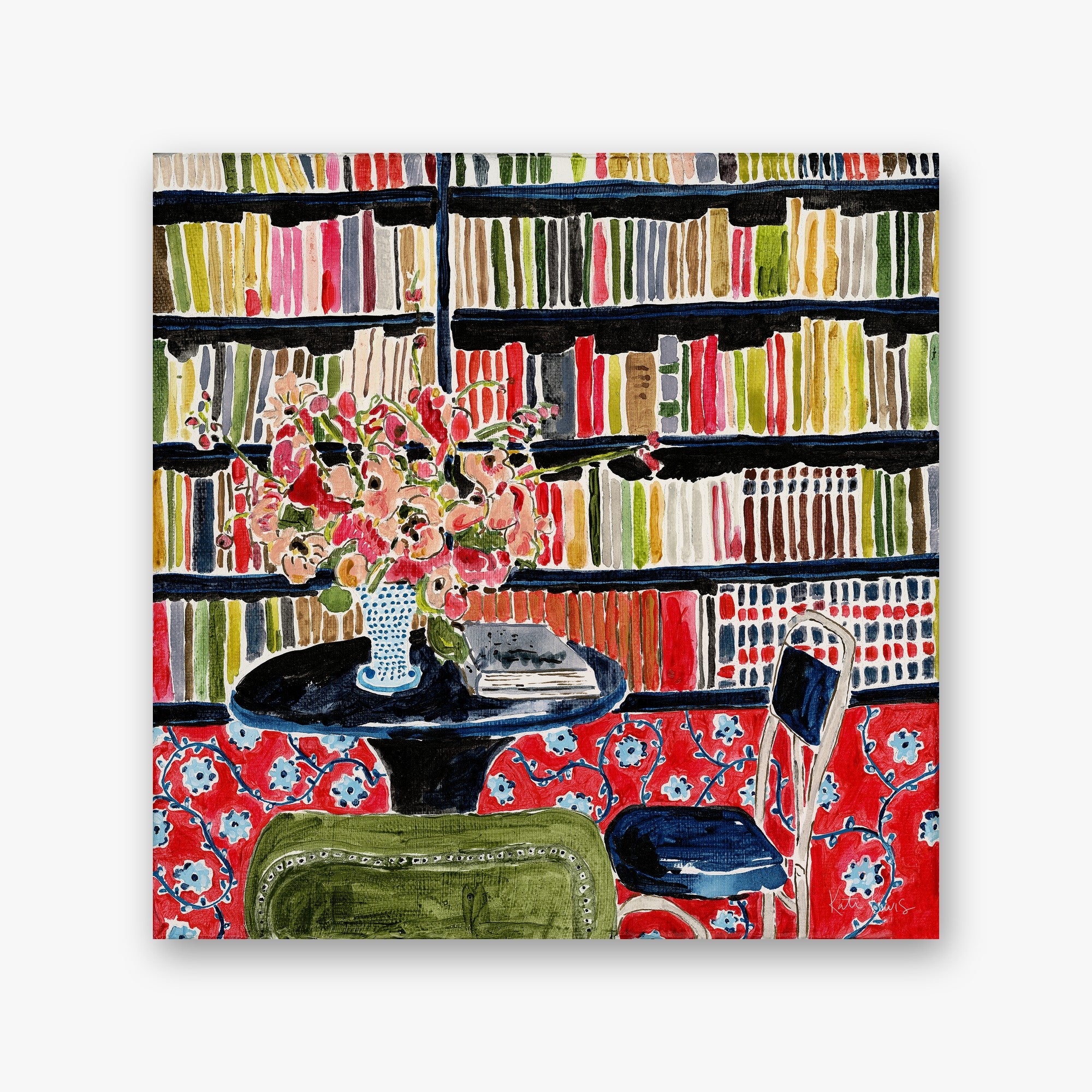 Art Books with Flowers by Kate Lewis — Pink bouquet on a dark table before colorful crammed bookshelves, red floral-papered room; bold acrylic.