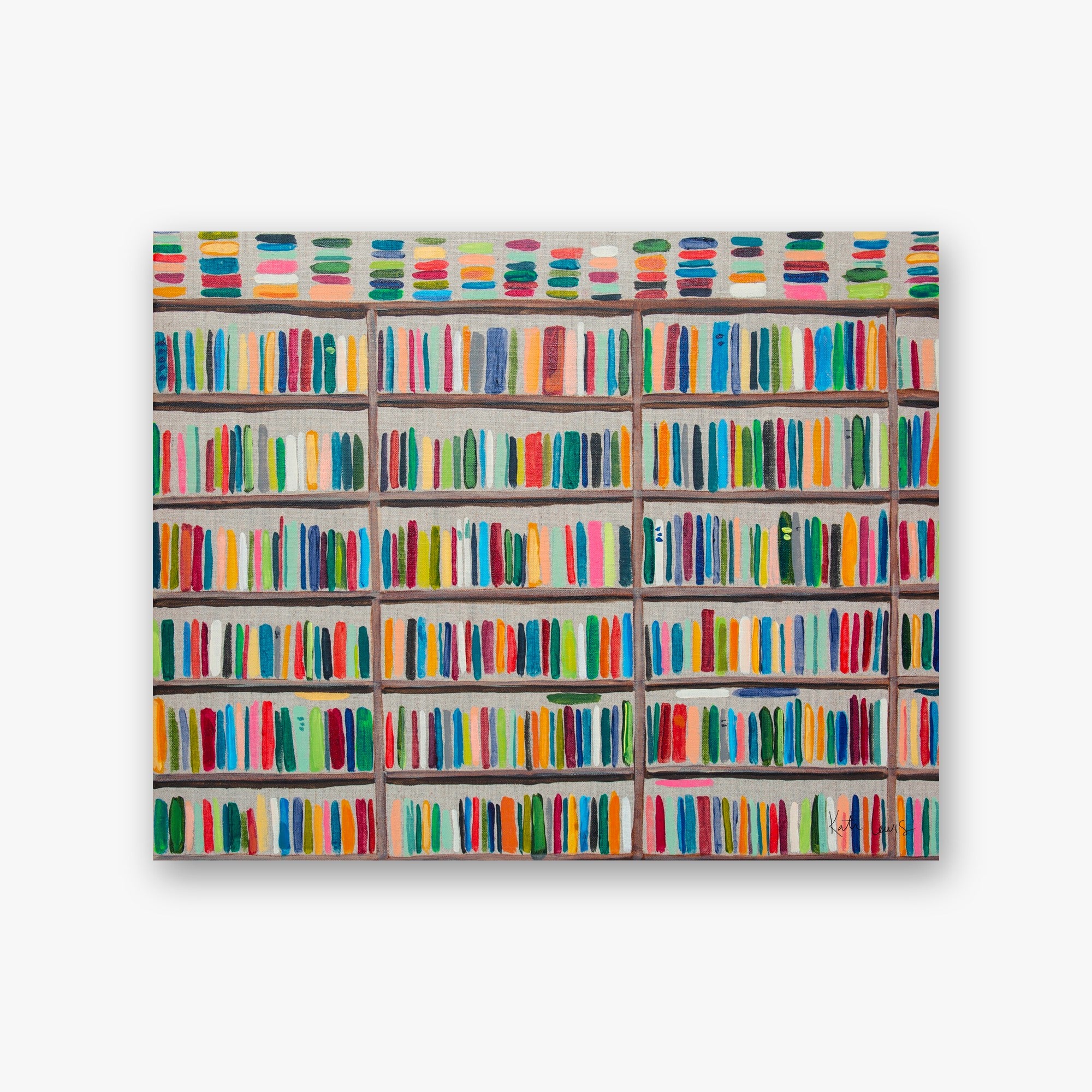 Boundless Ideas by Kate Lewis — Towering wooden bookshelves packed with vividly colored book spines, painted in loose acrylic on natural linen.