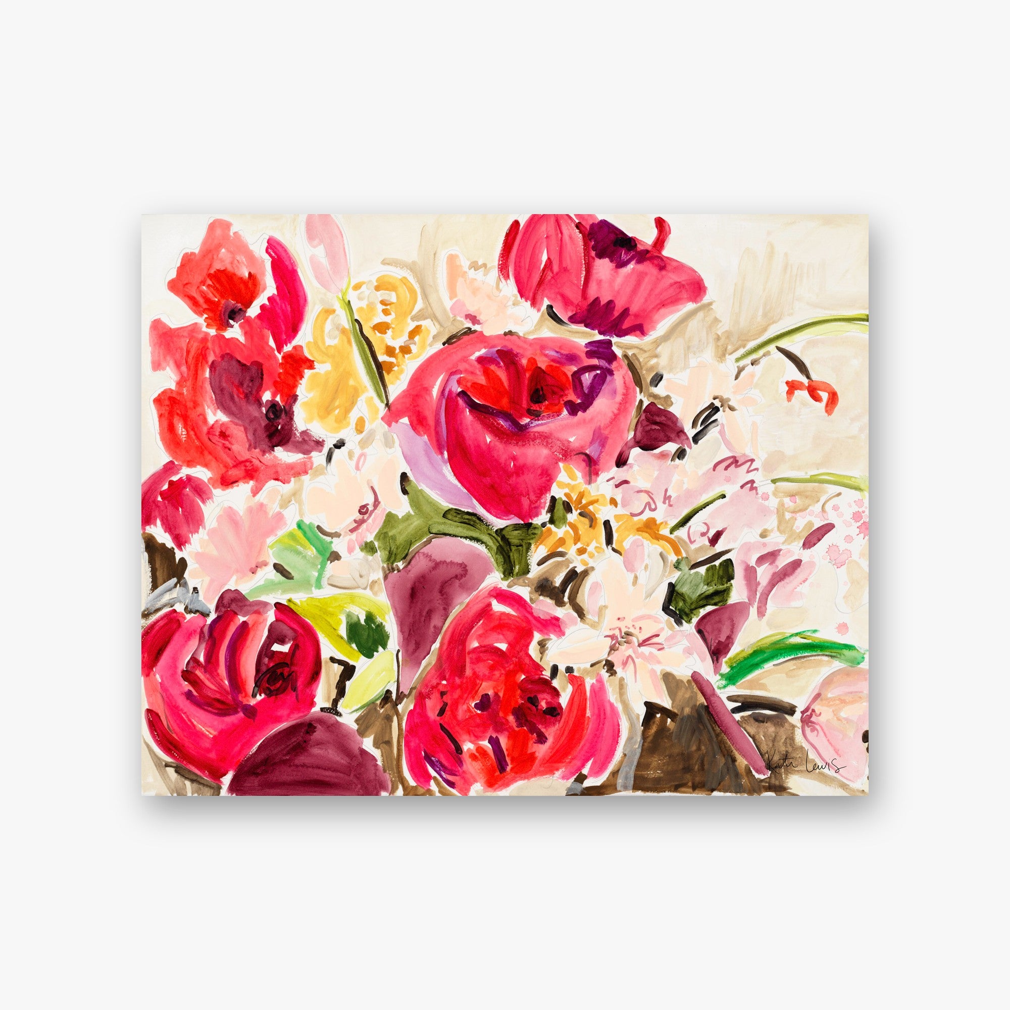 Bouquet for You by Kate Lewis — Loose expressive watercolor of a lush bouquet in reds, hot pinks, and yellows with green leaves.
