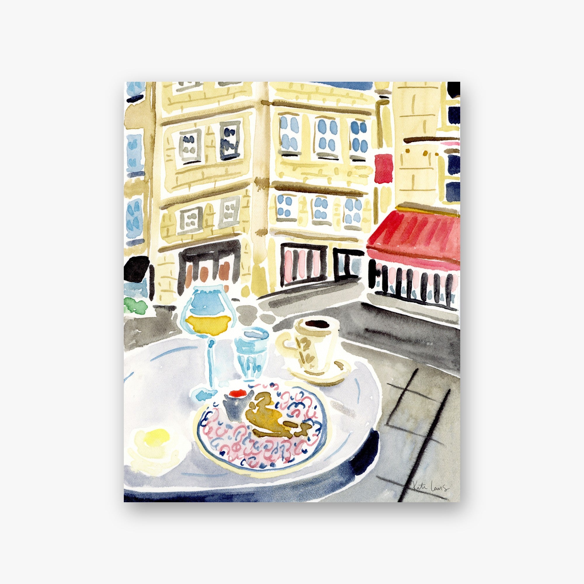 Breakfast in Le Marais, Paris by Kate Lewis — Parisian cafe table with white wine, coffee cup, and pastry overlooking honey-toned buildings; loose watercolor.