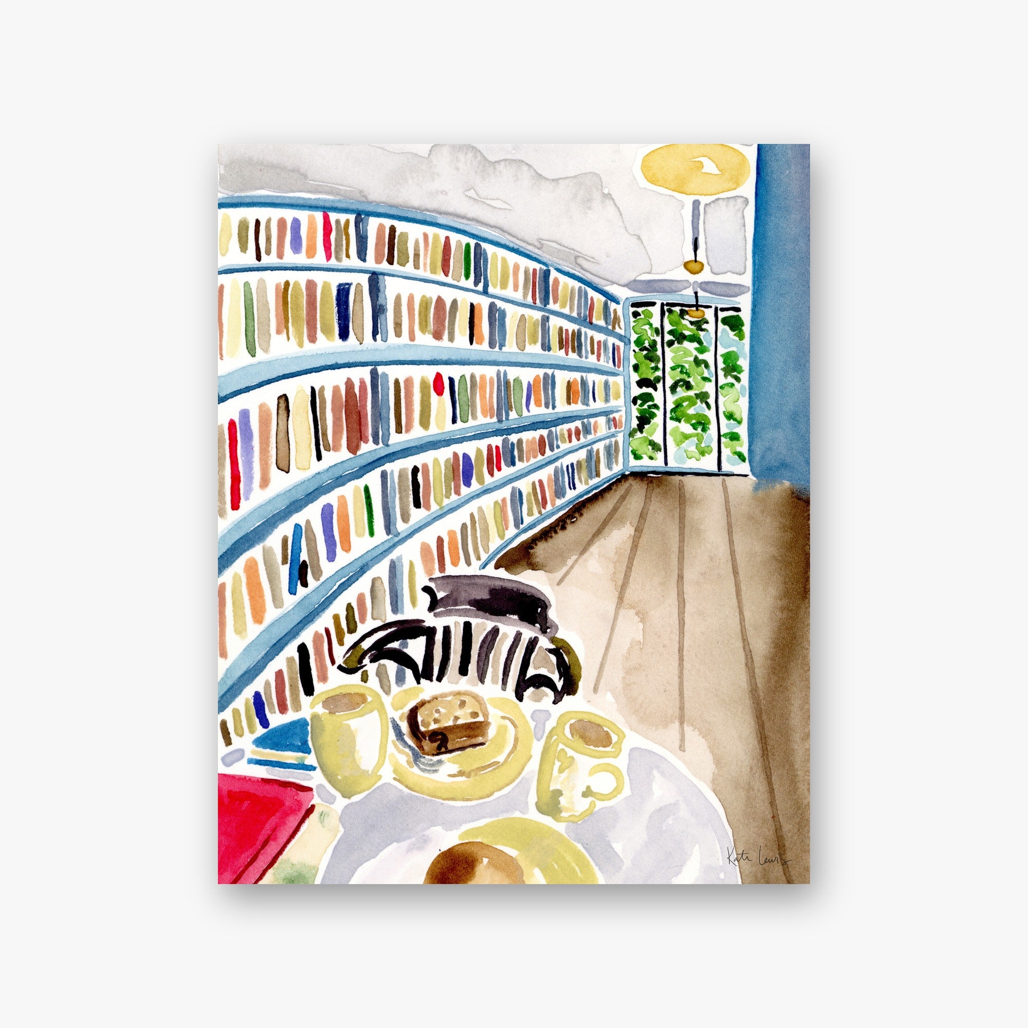 Coffee and Books at Merci by Kate Lewis — Curved cafe bookshelves overlook a breakfast table with mugs and pastry; airy watercolor.