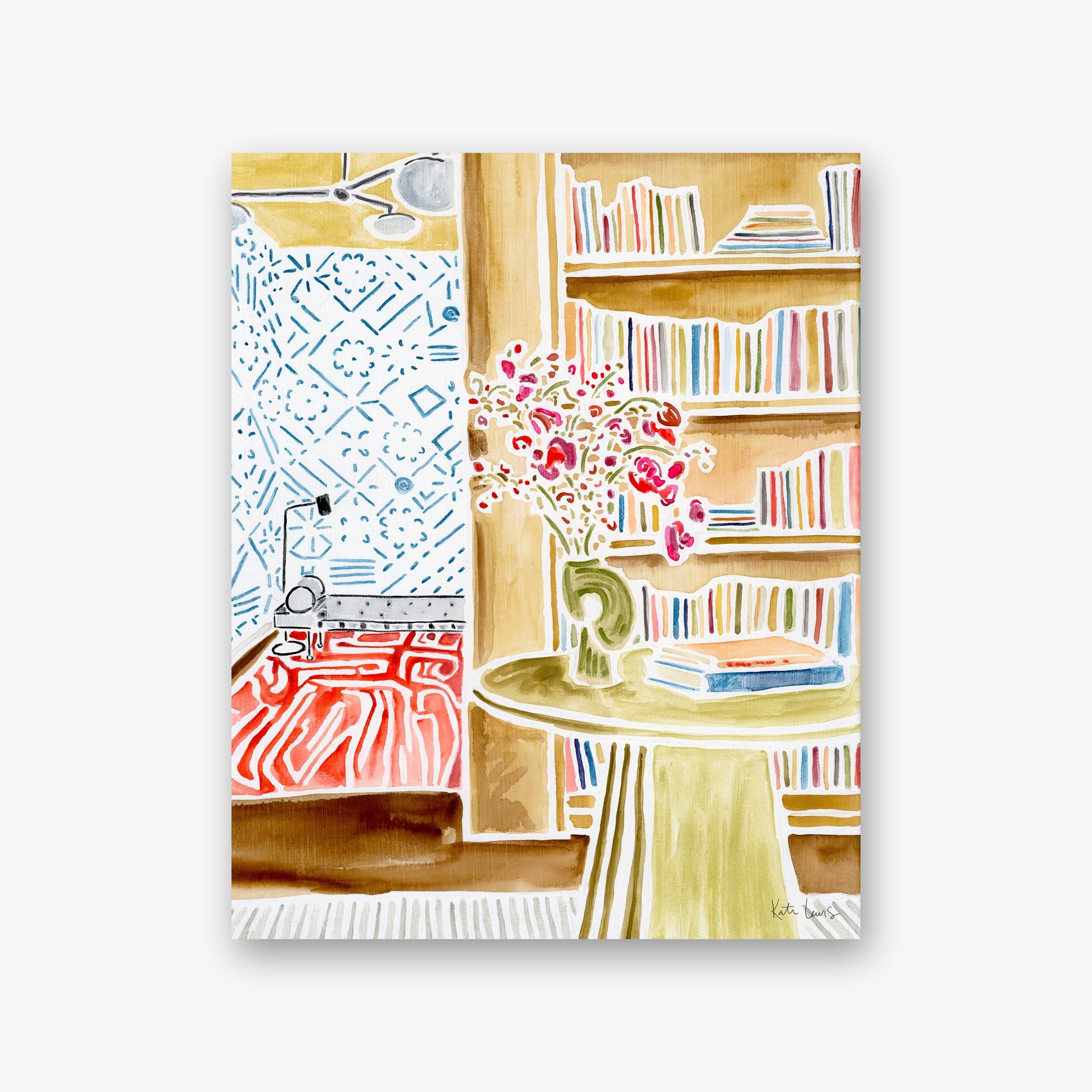 Cozy Nook with Flowers and Books by Kate Lewis — Loose watercolor library corner with red daybed, blue-tiled wall, and pink flowers on a green table.