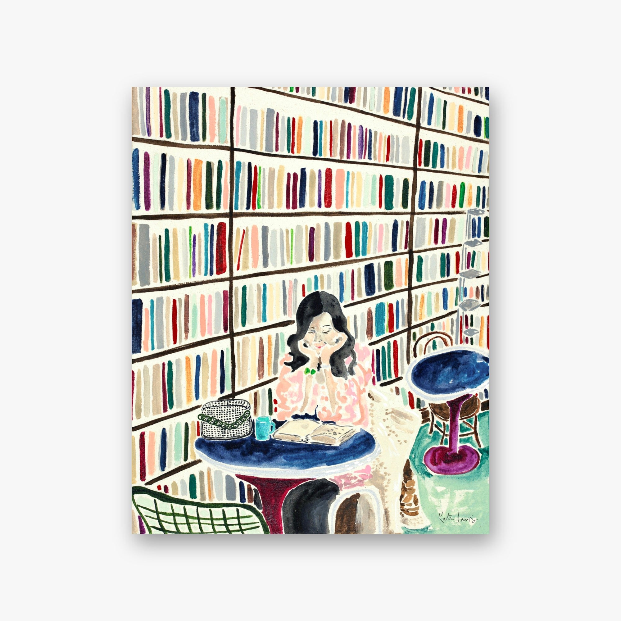 Dreamland by Kate Lewis — Dark-haired woman reading at a bistro table beside towering pastel-spined library shelves; loose watercolor.
