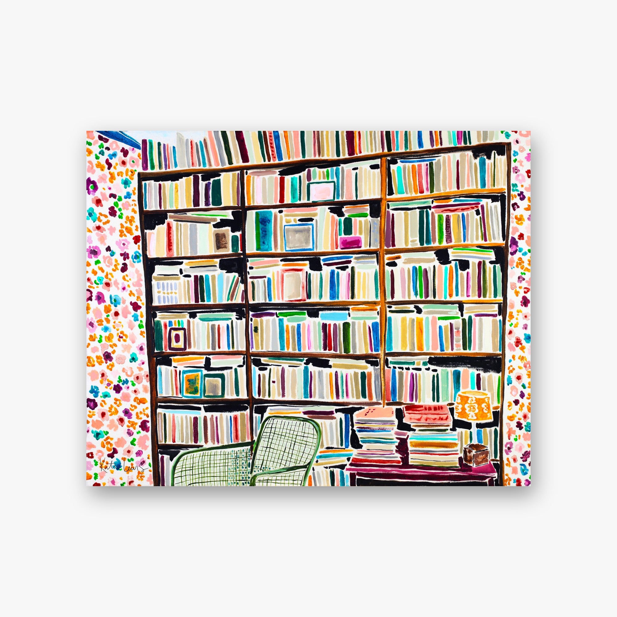 Dreams Unfolding by Kate Lewis — Towering bookshelves crammed with vibrant multicolored spines, a green wire chair and stacked books; loose acrylic.