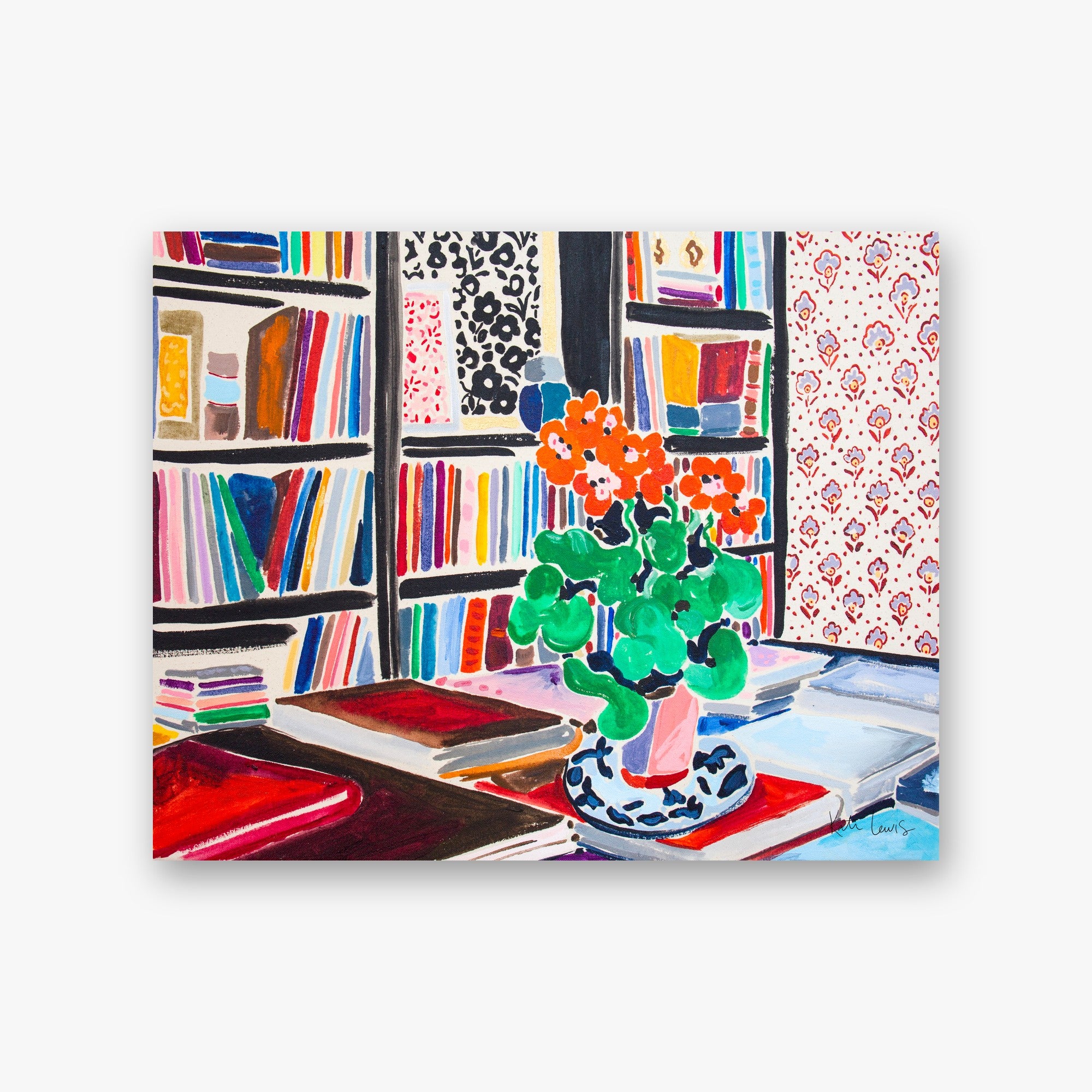 Everything I Wanted by Kate Lewis — Orange geranium in a patterned pot atop stacked books before rainbow-spined bookshelves and floral wallpaper, vivid gouache.