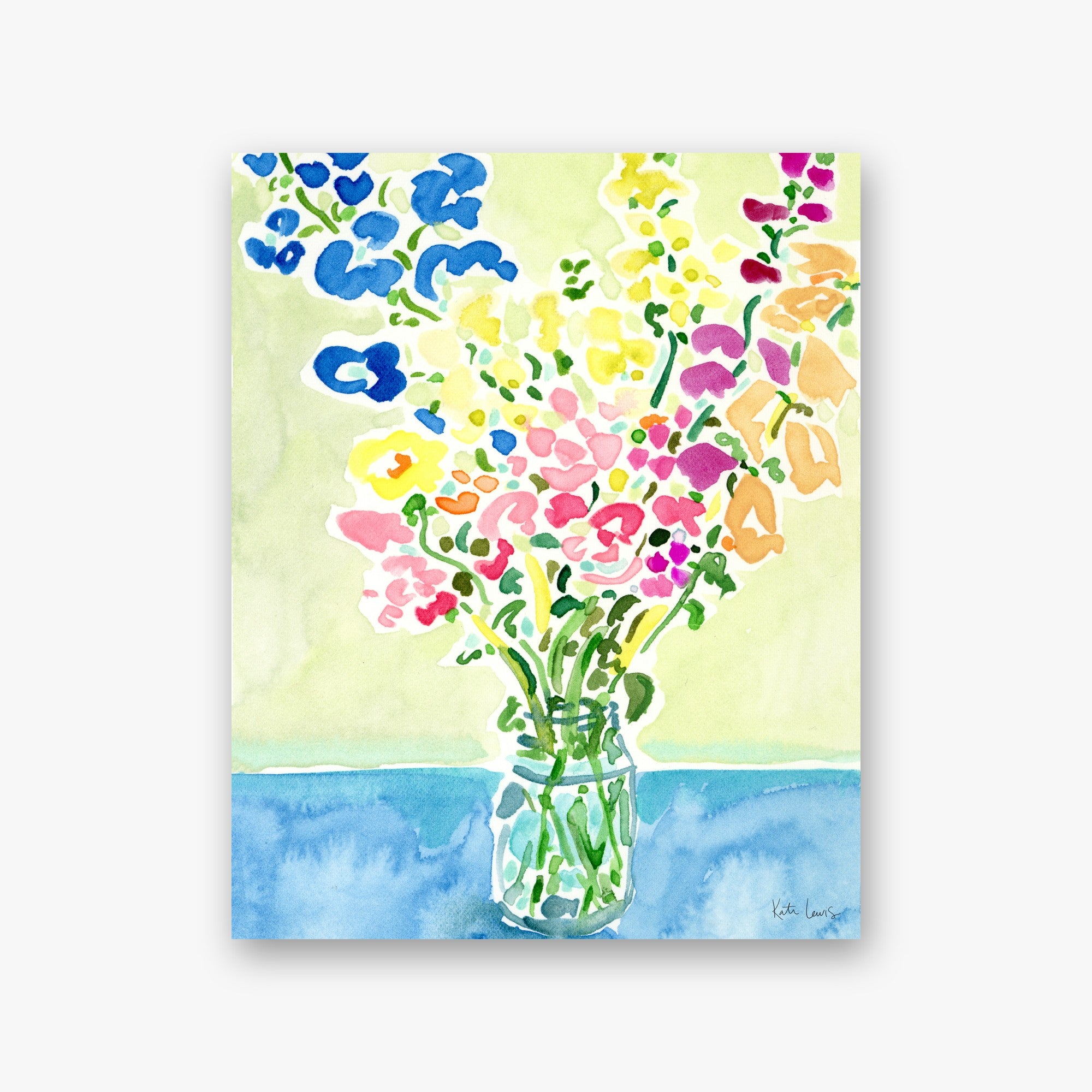 Fresh Flowers for the Table by Kate Lewis — Loose watercolor bouquet of blue, yellow, pink, and orange blooms in a glass jar.