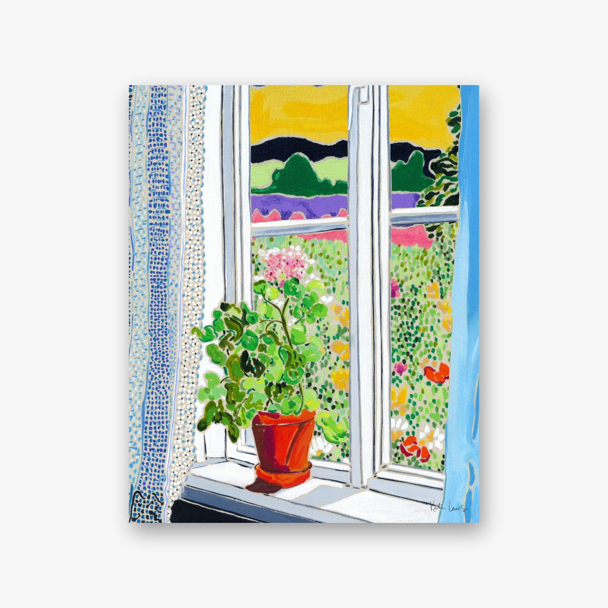 Geranium with Meadow View by Kate Lewis — Potted geranium on a windowsill overlooking a vivid wildflower meadow; bold gouache with lace curtain.