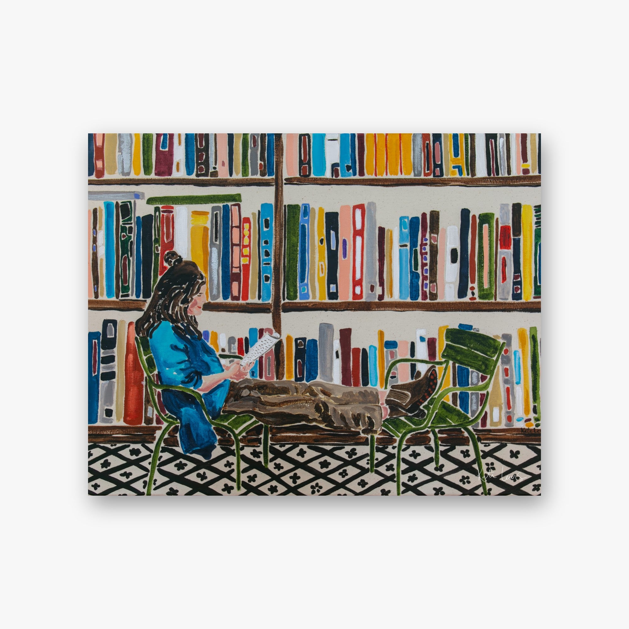 Girl in Chair by Kate Lewis — Woman in blue reads on a green cafe chair before floor-to-ceiling colorful bookshelves, tiled floor; bold acrylic.