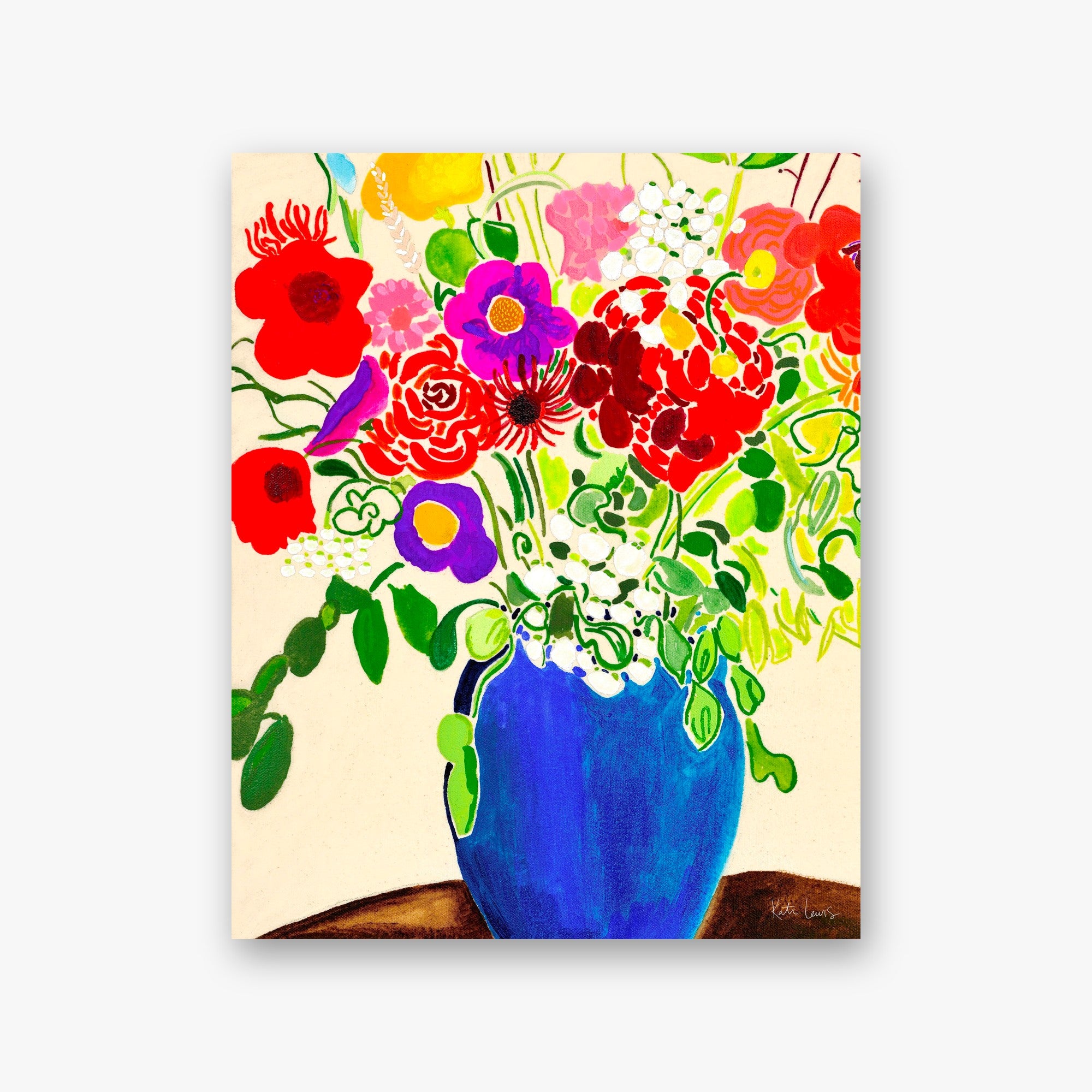 I See You Smiling at Me by Kate Lewis — Exuberant bouquet of red poppies, purple anemones, and roses in a bold blue vase; bright acrylic.