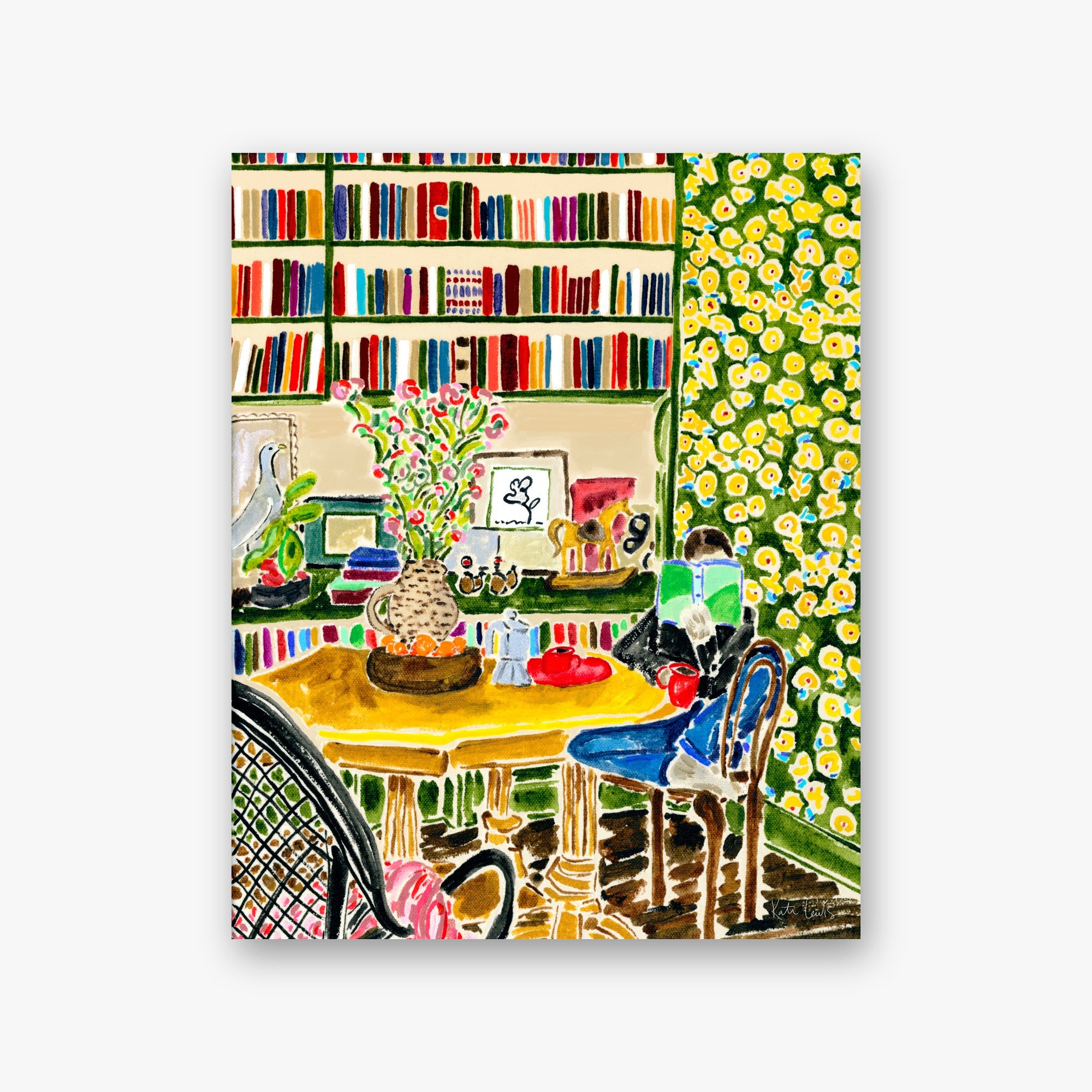 In the Comfort of Words by Kate Lewis — Cozy library interior with colorful bookshelves, yellow table, flowers, white dove and rocking horse, vivid gouache.