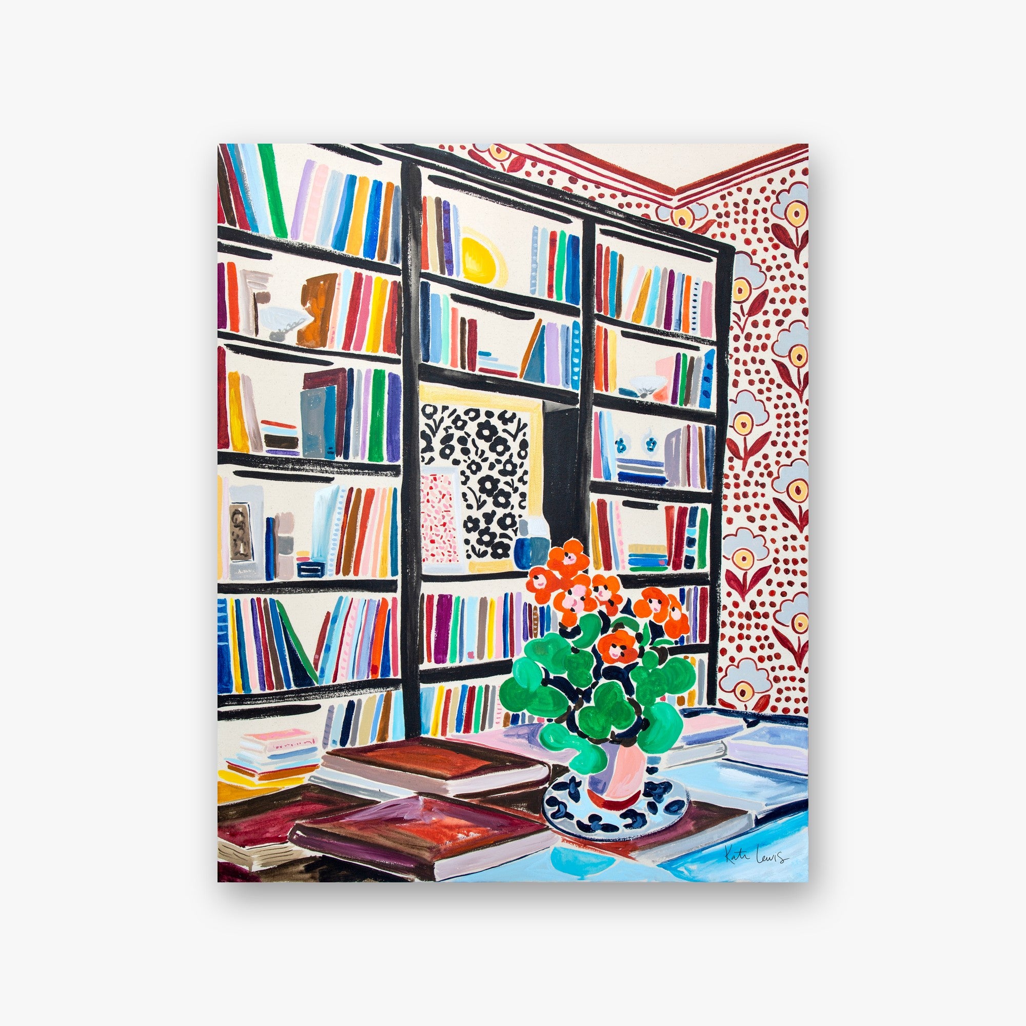 Joy of Little Things by Kate Lewis — Orange geranium and stacked art books before towering colorful bookshelves and red floral wallpaper, bright painterly gouache.