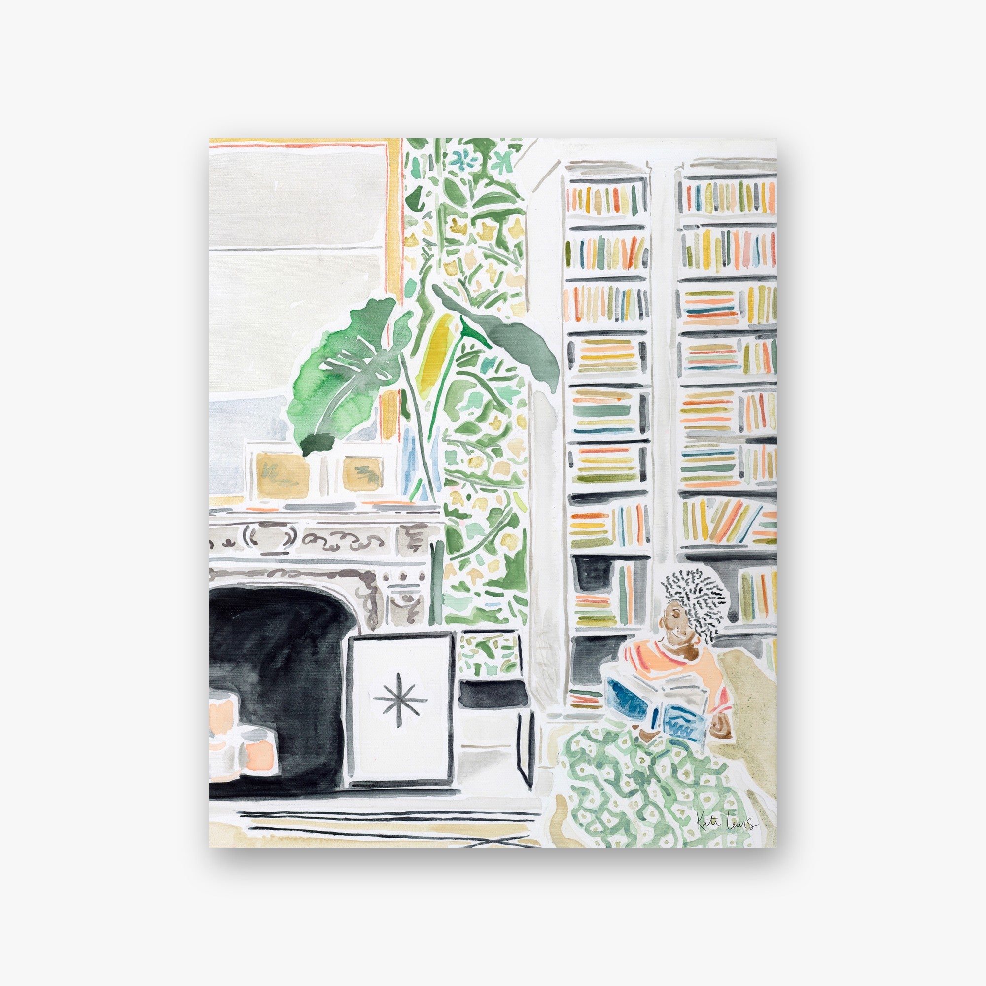 Life-giving Time by Kate Lewis — Loose watercolor library interior with fireplace, leafy plant, tall bookshelves, and a woman reading in an armchair.