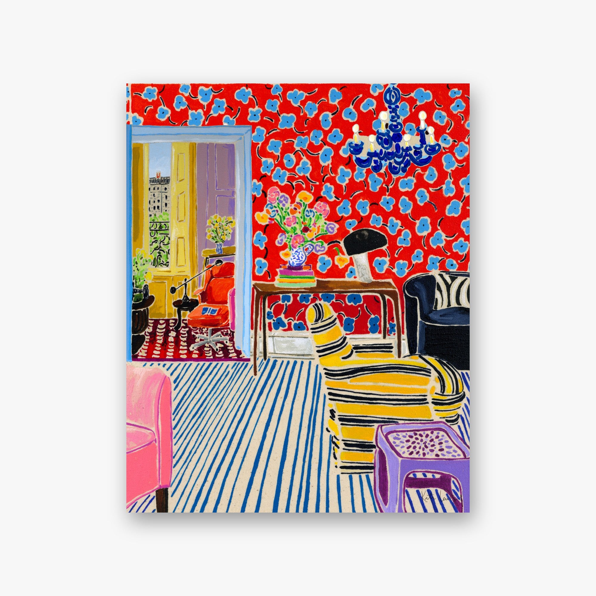 Living Room by Kate Lewis — Vibrant acrylic interior with red floral wallpaper, blue chandelier, striped chairs, and a Paris window view.