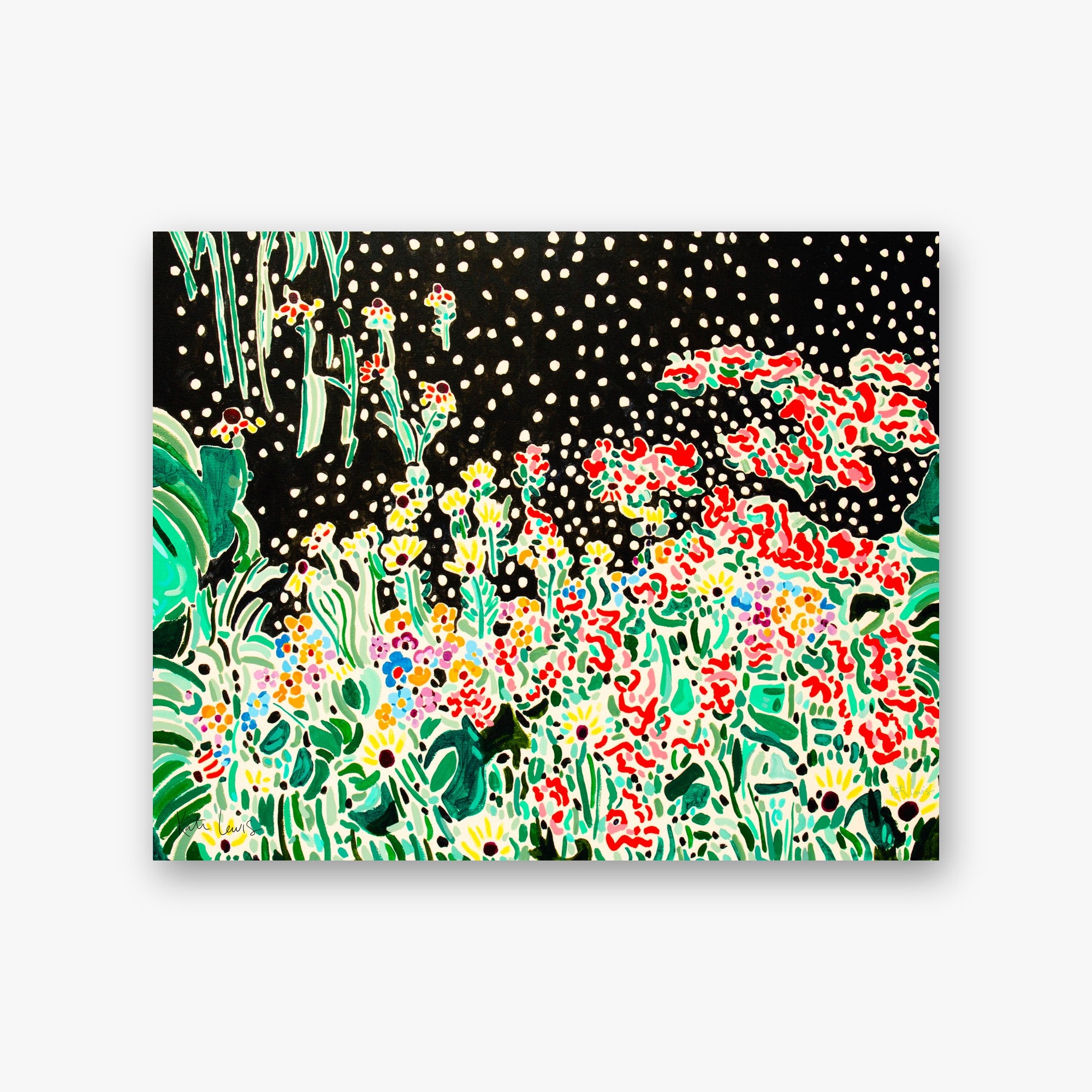 Midnight Garden by Kate Lewis — Lush flower garden in reds, yellows and greens against a starry black night; vibrant gouache.