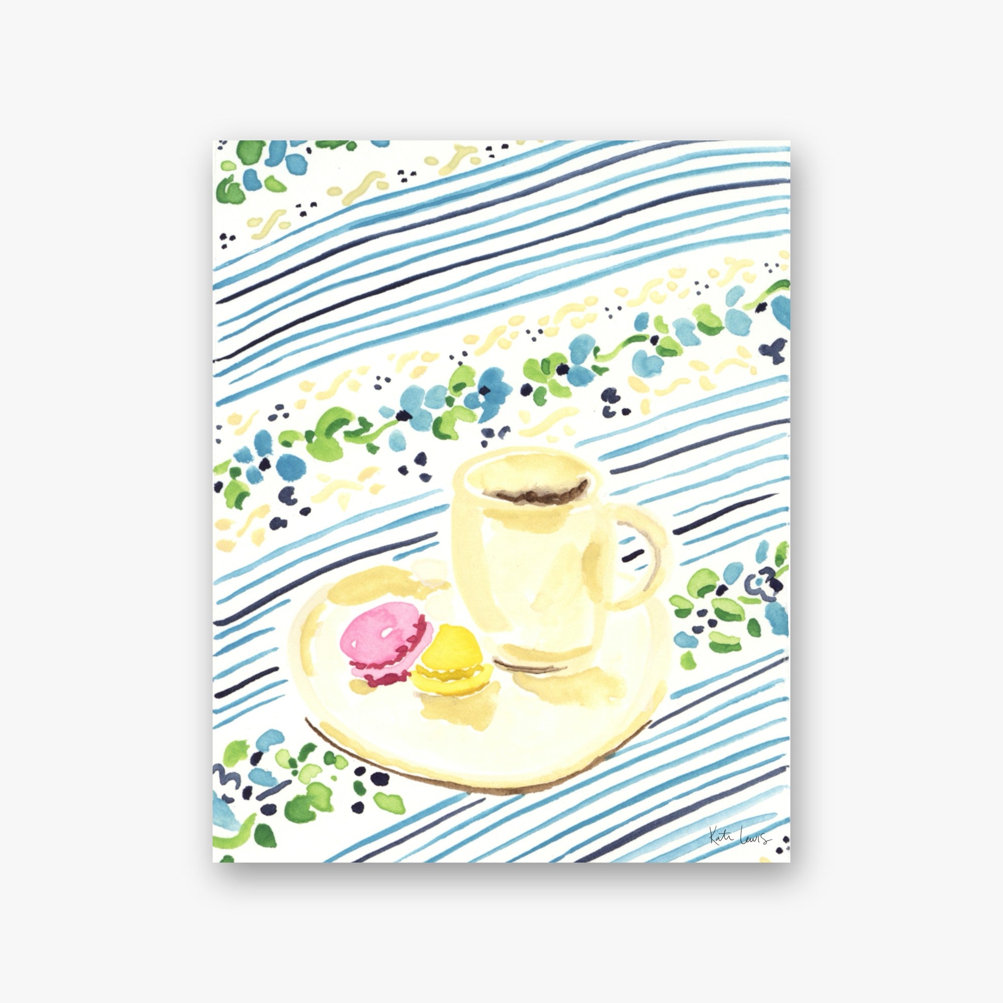 Morning Coffee and Macarons by Kate Lewis — Yellow mug and plate with pink and yellow macarons on blue-striped floral cloth; soft watercolor.