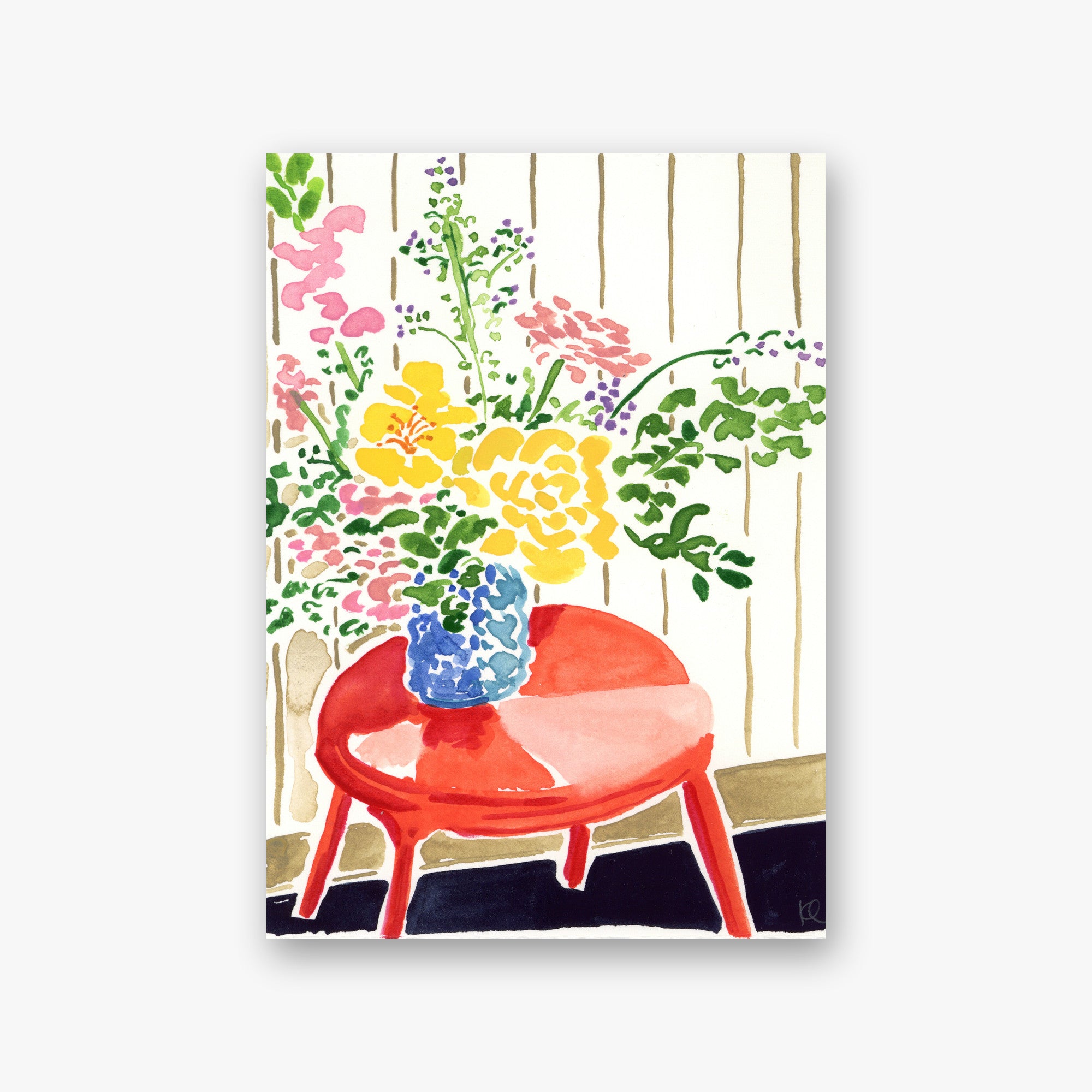 Morning Find Sketch No. 1 by Kate Lewis — Wildflowers in a blue vase on a coral red table against striped wall, loose airy watercolor.
