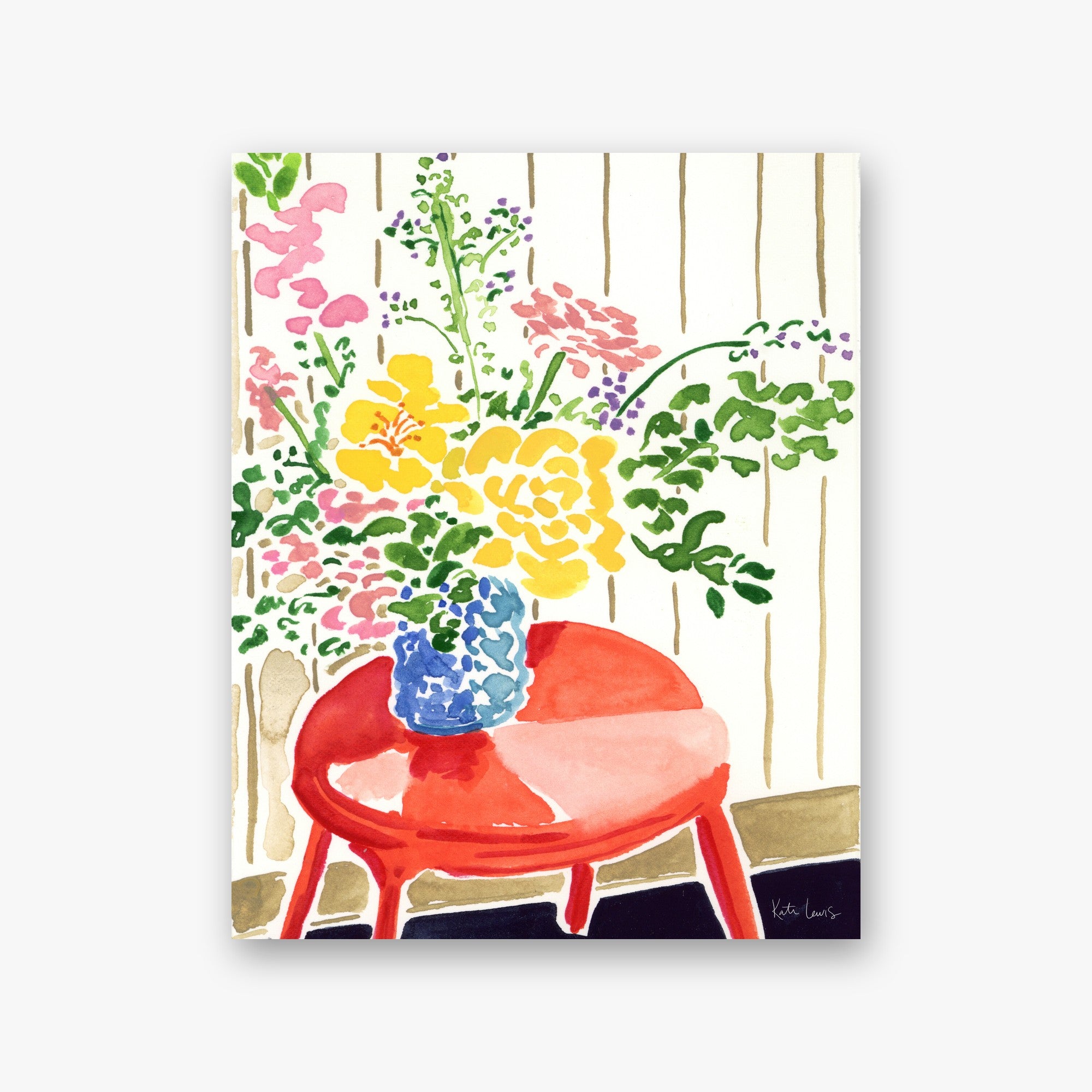 Morning in the Garden by Kate Lewis — Wildflowers in a blue vase on a coral red table against striped wall, loose airy watercolor.