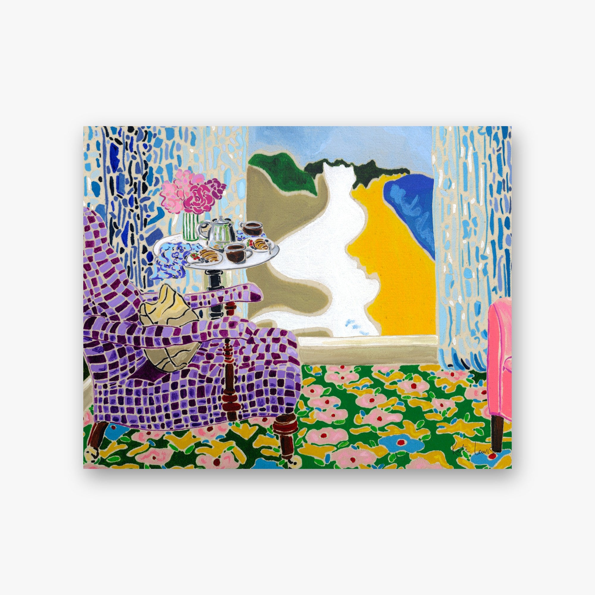 Ocean View by Kate Lewis — Bold acrylic interior with purple mosaic armchair, breakfast tray, floral carpet, and open sea-view window.
