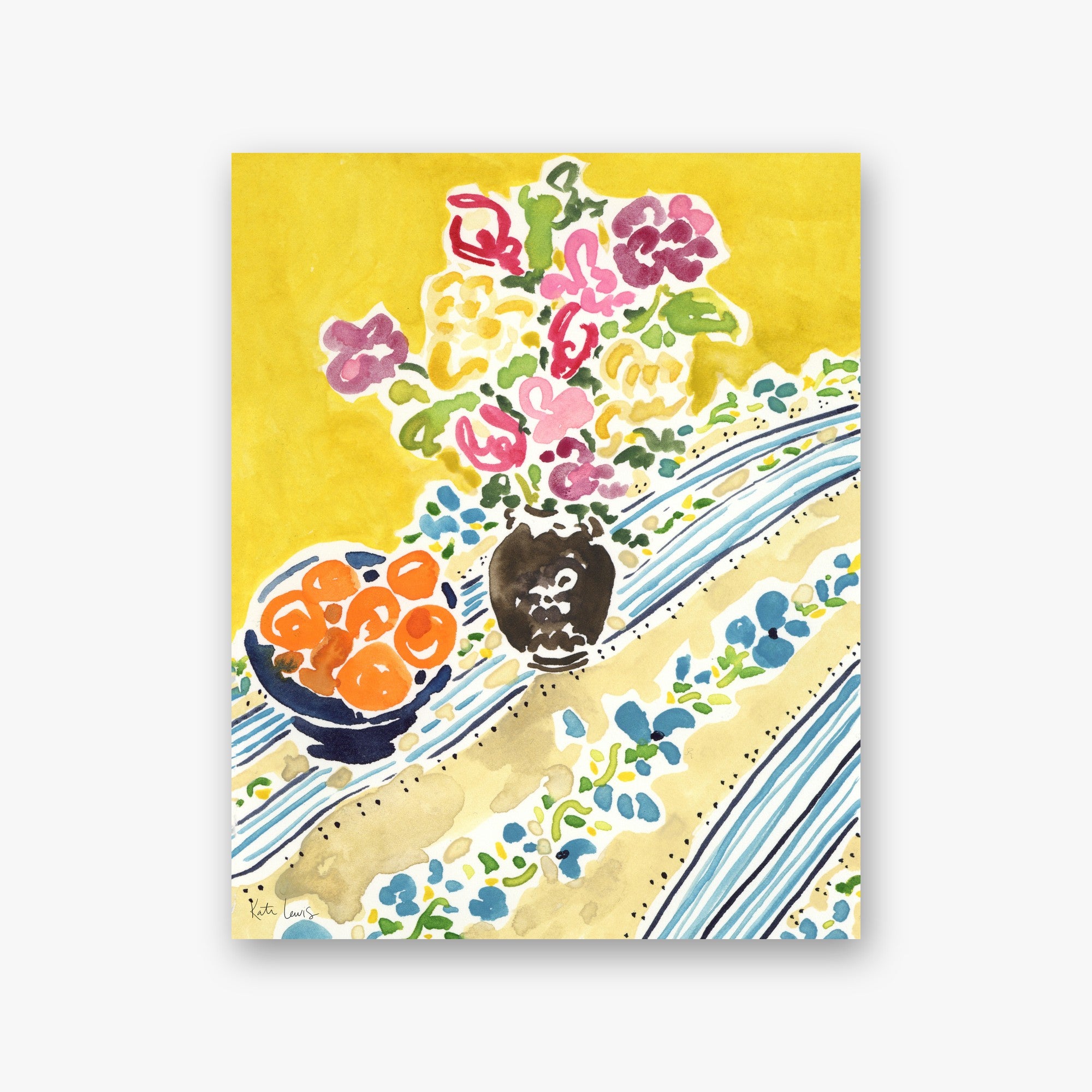 Oranges and Flowers by Kate Lewis — Pink and purple bouquet with orange fruit bowl on a striped yellow cloth; bright watercolor.