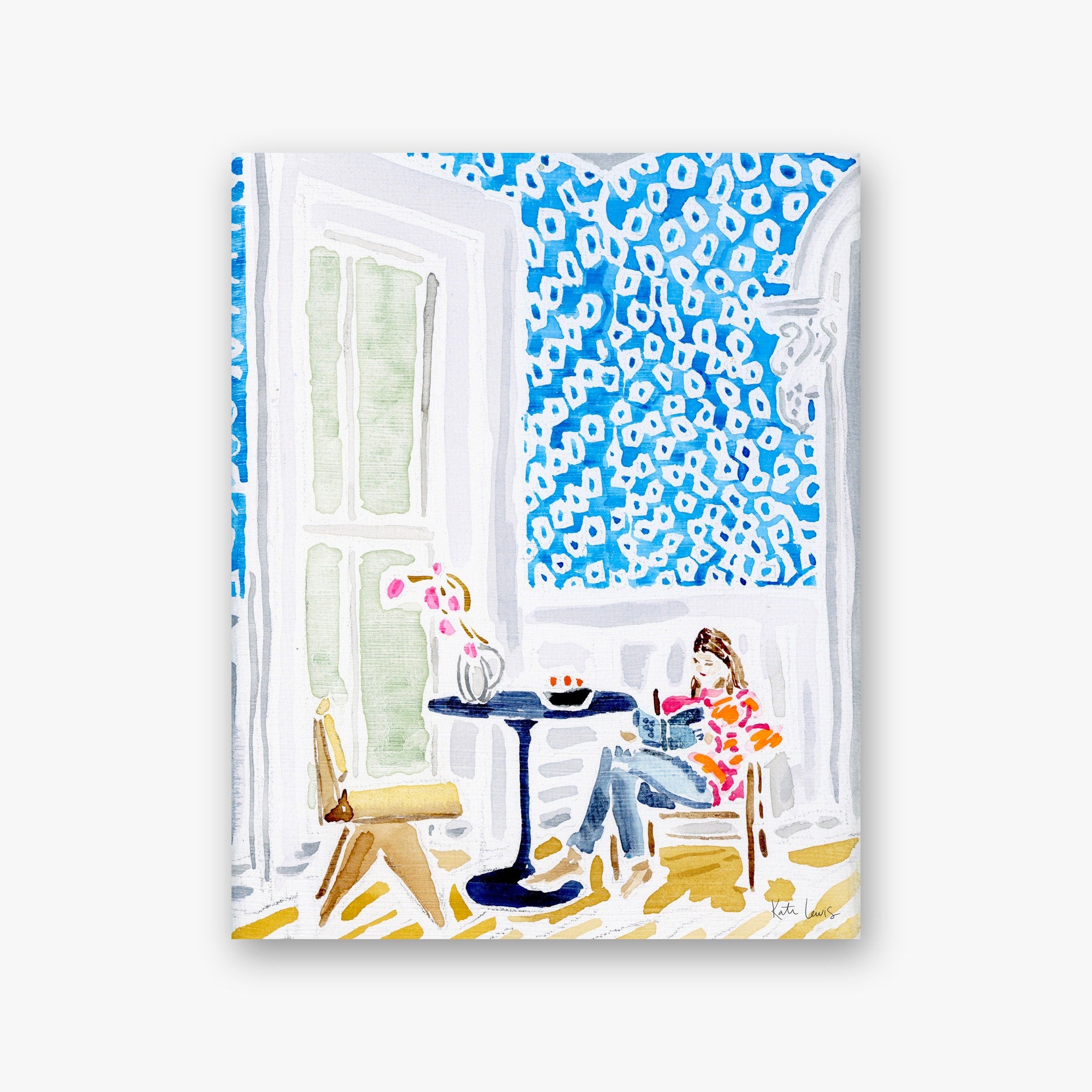 Peaceful Moment of Growth by Kate Lewis — Painterly interior with a reader in pink lounging by a bright blue leopard-spotted window and yellow floor.