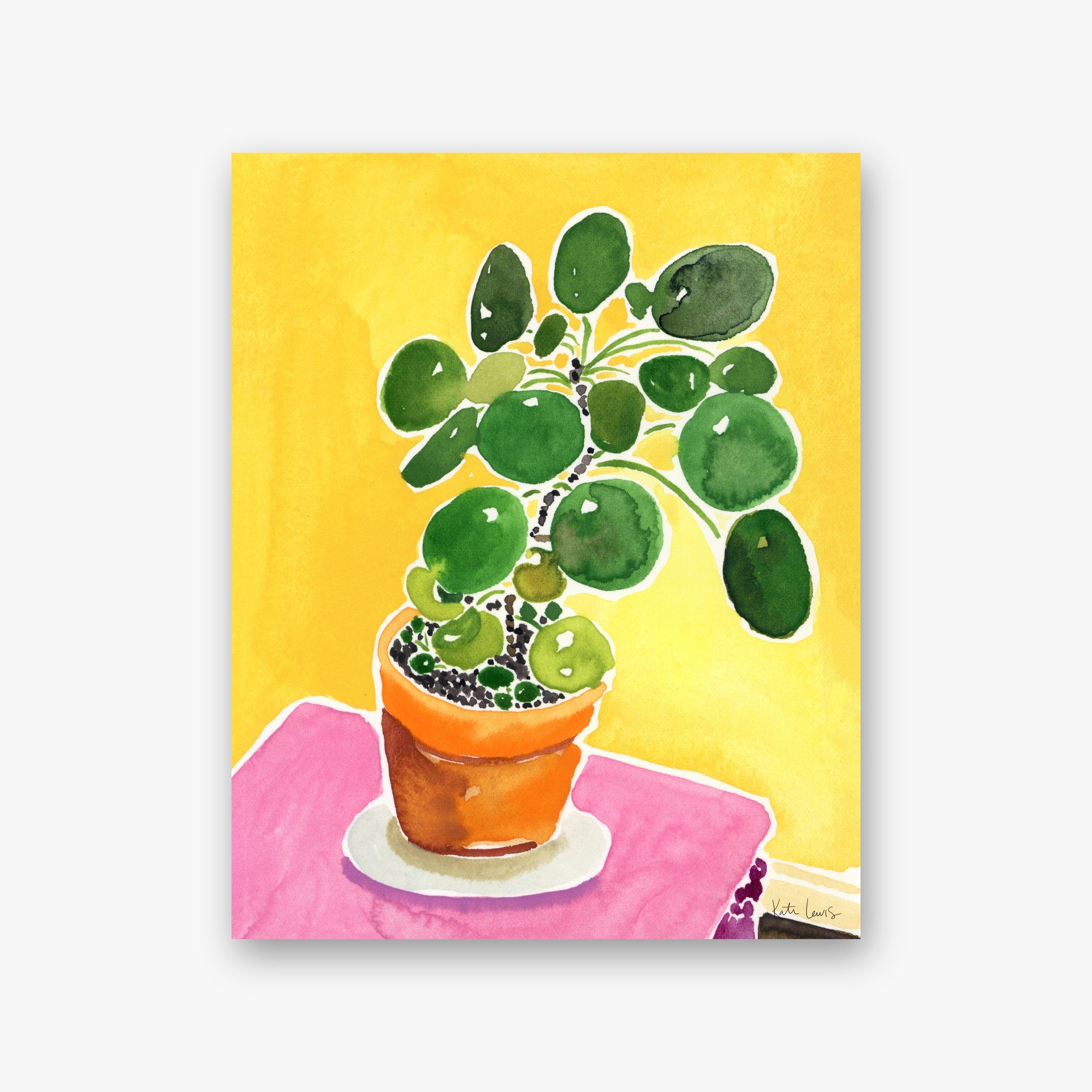 Pilea in the Sun by Kate Lewis — Trailing green plant spilling from an orange terracotta pot over a stack of art books, loose watercolor.