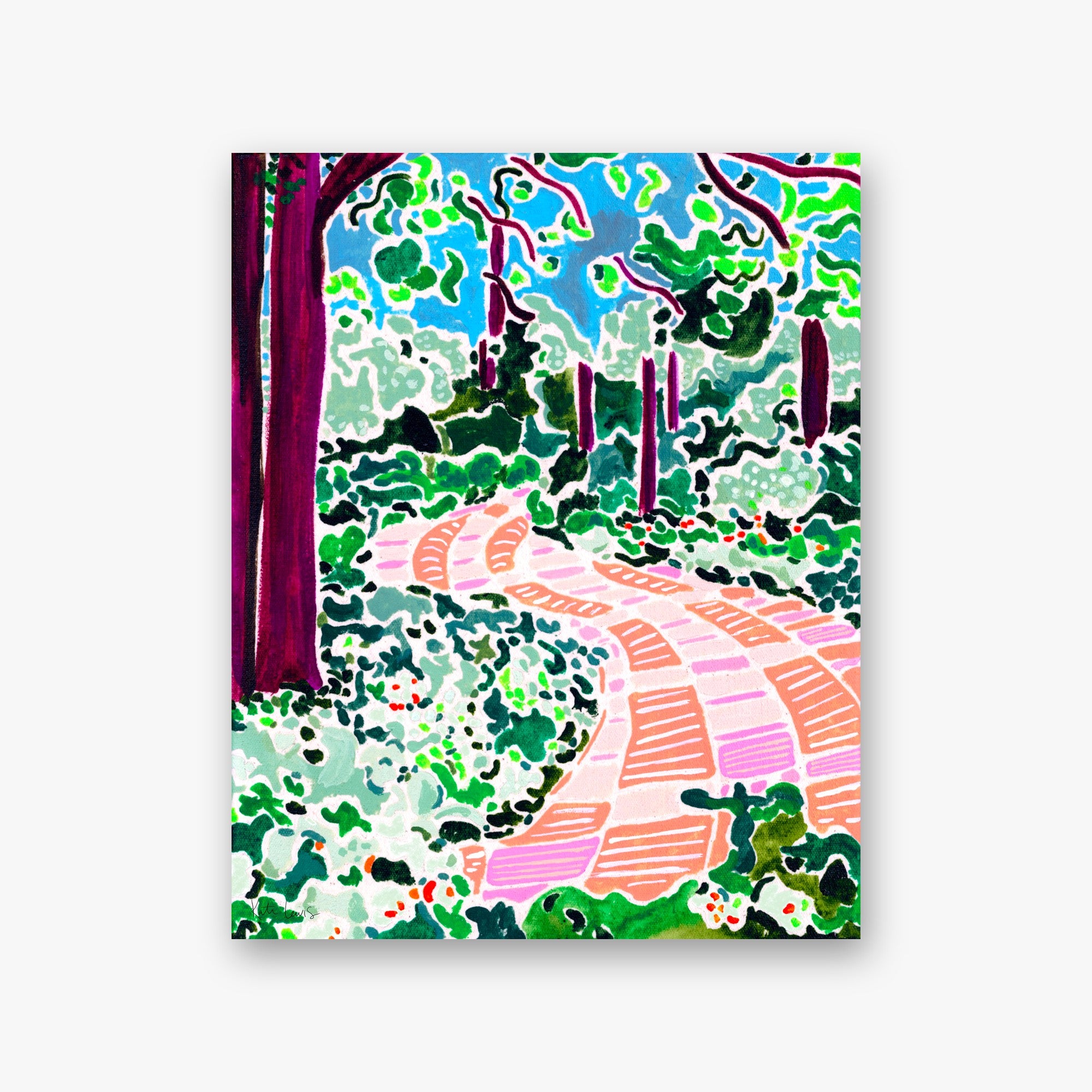 Pink Brick Road by Kate Lewis — Bold acrylic woodland with winding pink brick path through lush green foliage and magenta tree trunks.