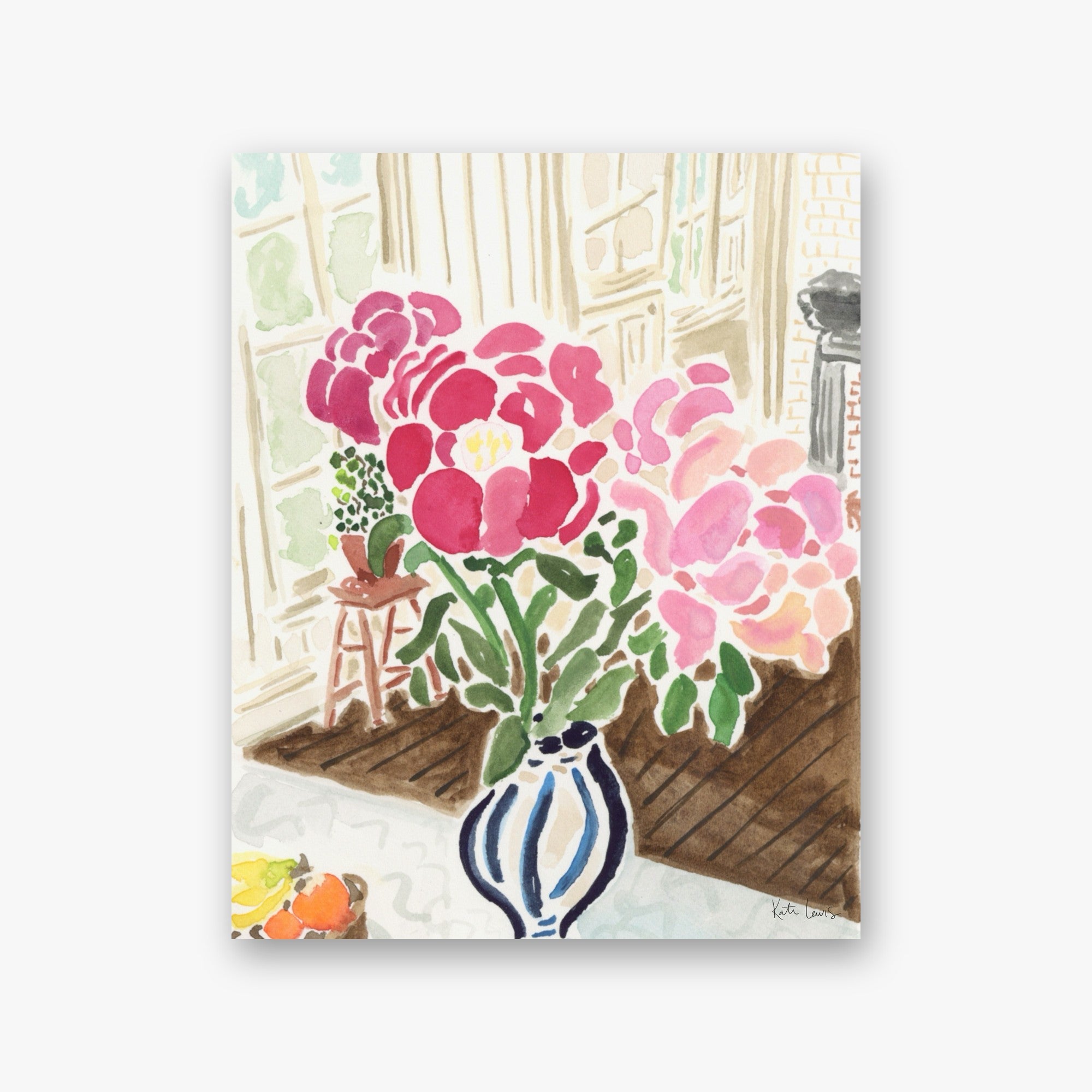 Pink Peonies by the Window by Kate Lewis — Pink and magenta peonies in a blue-striped vase by a bright window, fruit bowl, loose watercolor.