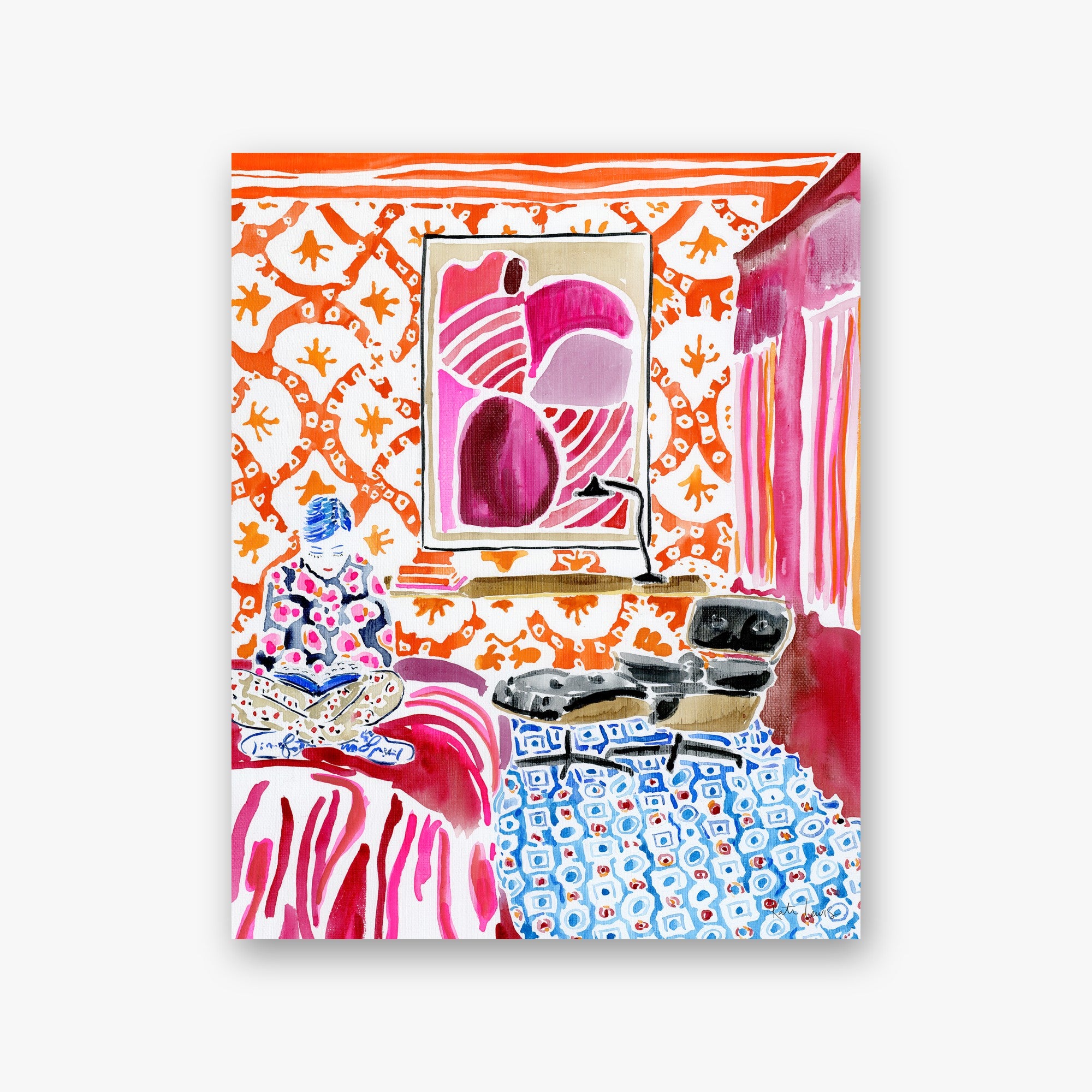 Quiet Reflection and Patience in a Colorful World by Kate Lewis — Woman reading cross-legged in a boldly patterned pink and orange room; energetic mixed-media painting.