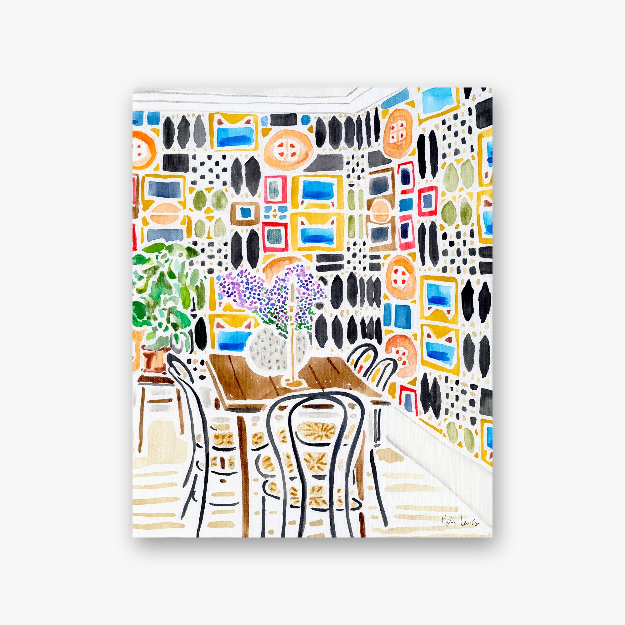 Ready for Lively Conversation by Kate Lewis — Patterned dining room with bentwood chairs, wooden table and purple bouquet; vivid mixed-media painting.